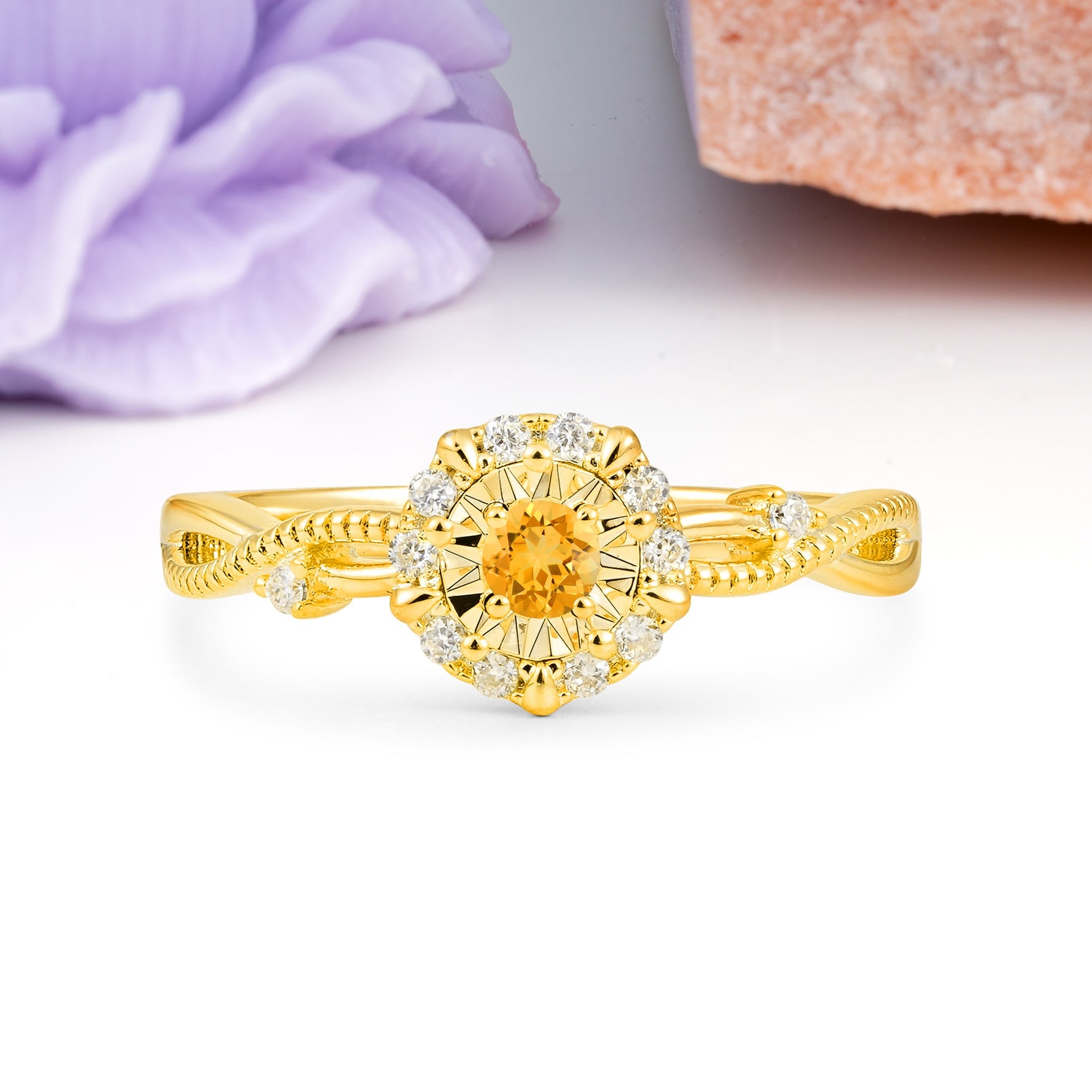 Unique, Luxurious, Twisted 4-Prong Round Cut Citrine Engagement Ring - Additional view
