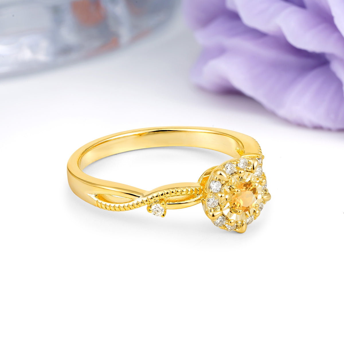 Unique, Luxurious, Twisted 4-Prong Round Cut Citrine Engagement Ring - Additional view