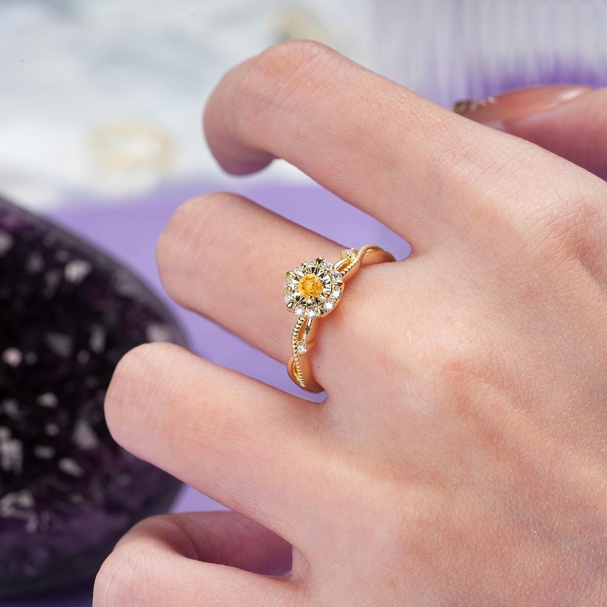 Unique, Luxurious, Twisted 4-Prong Round Cut Citrine Engagement Ring