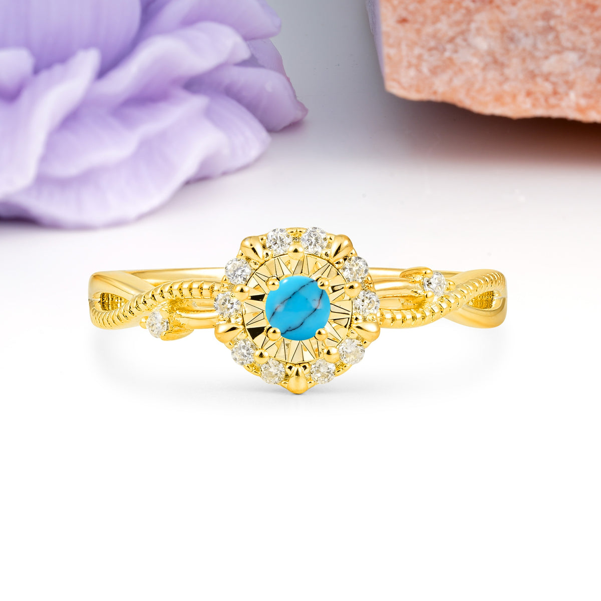 Unique, Luxurious, Twisted 4-Prong Round Cut Turquoise Engagement Ring - Additional view