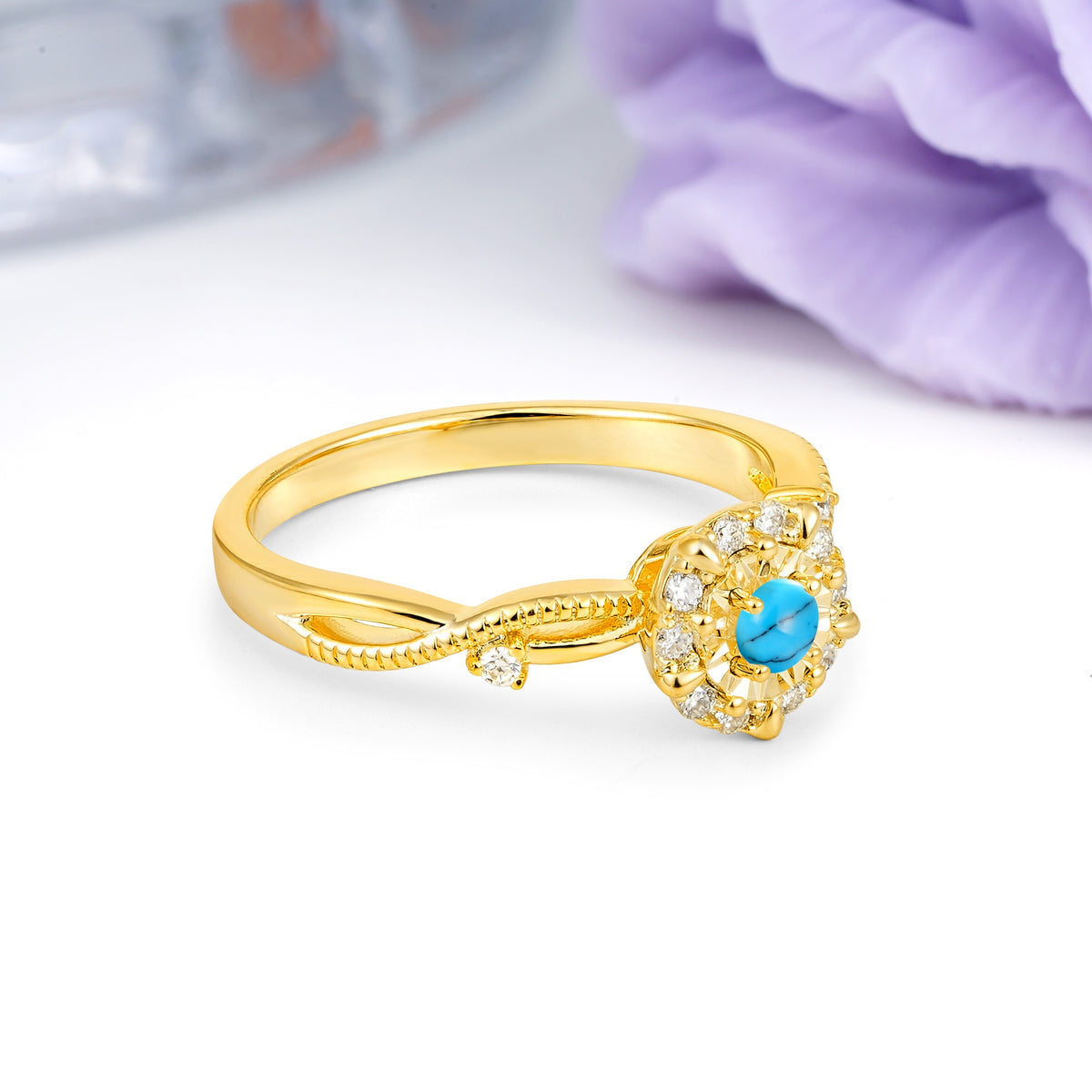 Unique, Luxurious, Twisted 4-Prong Round Cut Turquoise Engagement Ring - Additional view