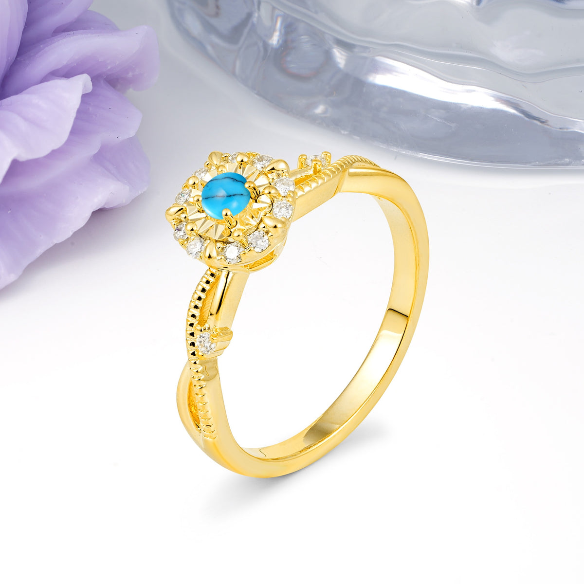 Unique, Luxurious, Twisted 4-Prong Round Cut Turquoise Engagement Ring - Additional view