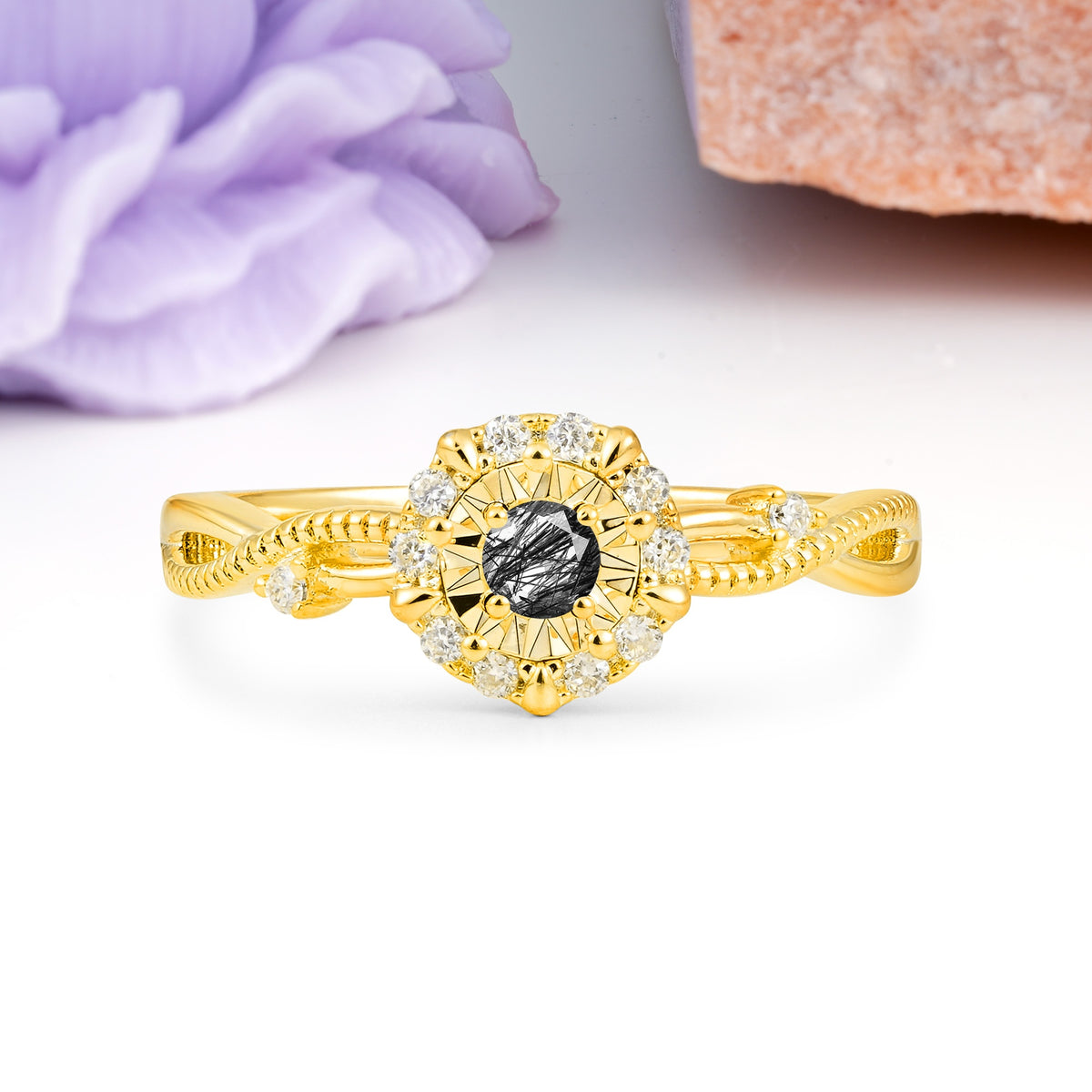 Unique, Luxurious, Twisted 4-Prong Round Cut Black Rutilated Quartz Engagement Ring - Additional view