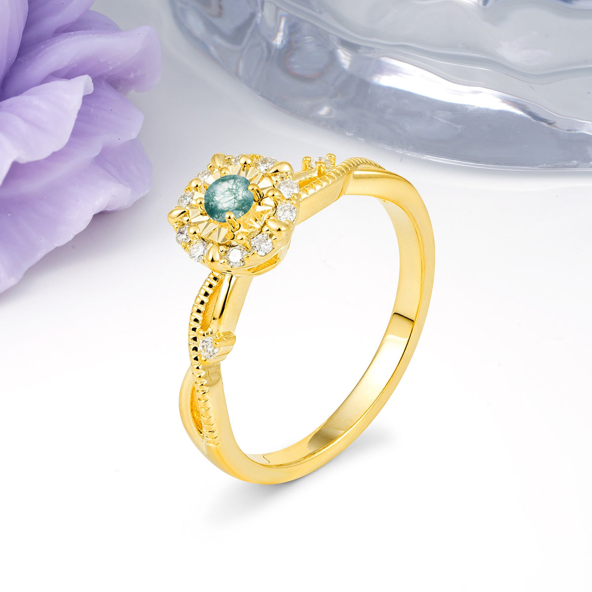 Unique, Luxurious, Twisted 4-Prong Round Cut Moss Agate Engagement Ring - Additional view