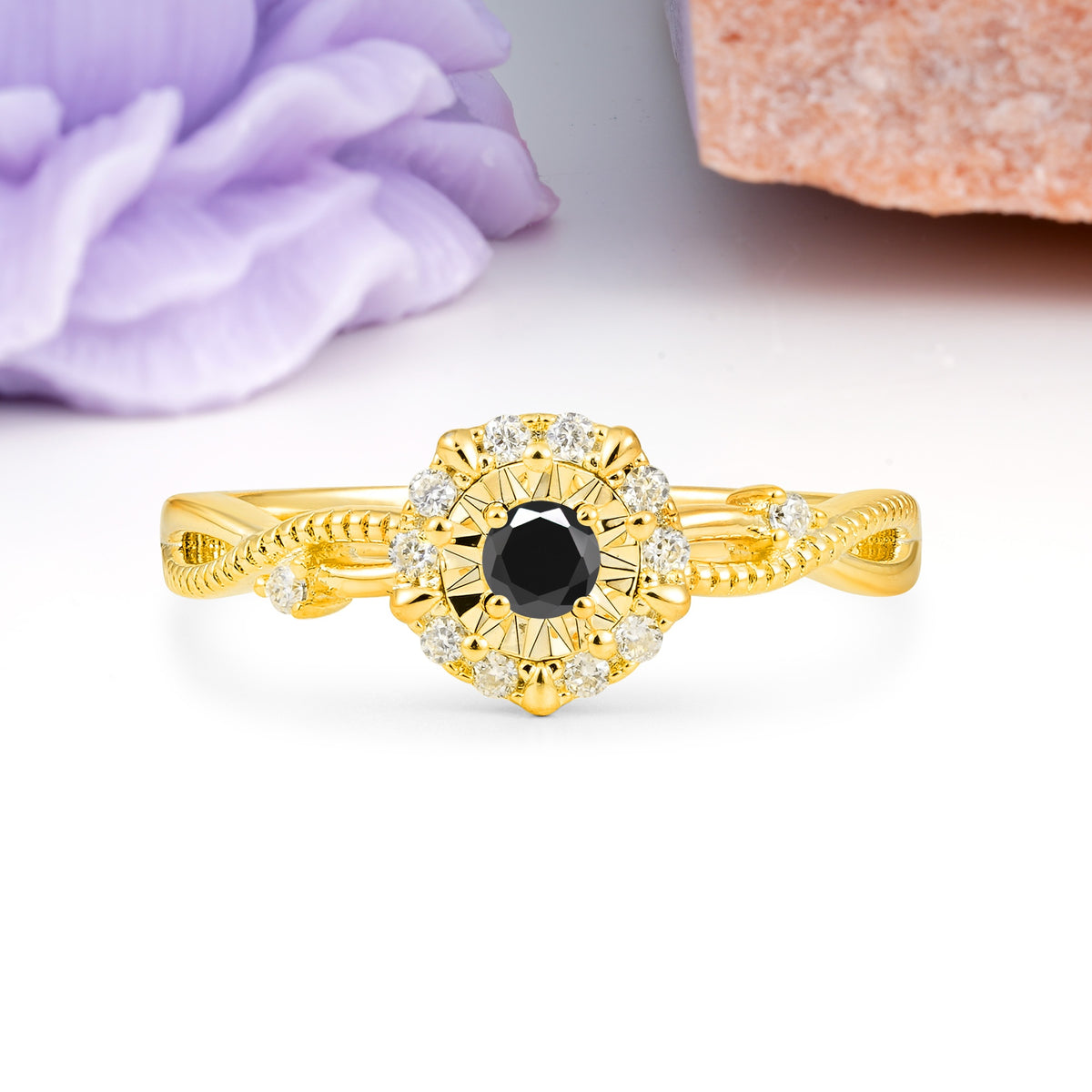 Unique, Luxurious, Twisted 4-Prong Round Cut Black Onyx Engagement Ring - Additional view
