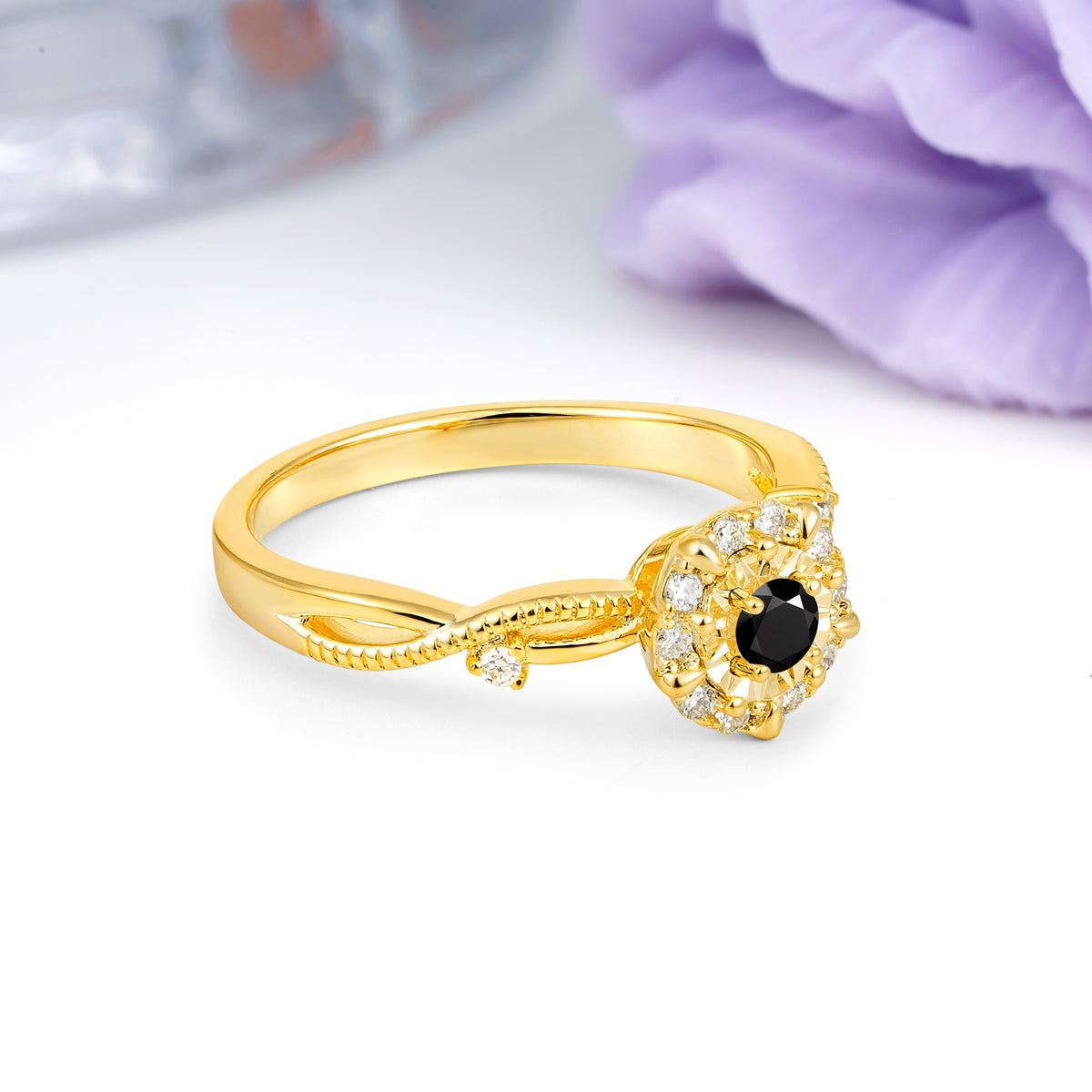 Unique, Luxurious, Twisted 4-Prong Round Cut Black Onyx Engagement Ring - Additional view