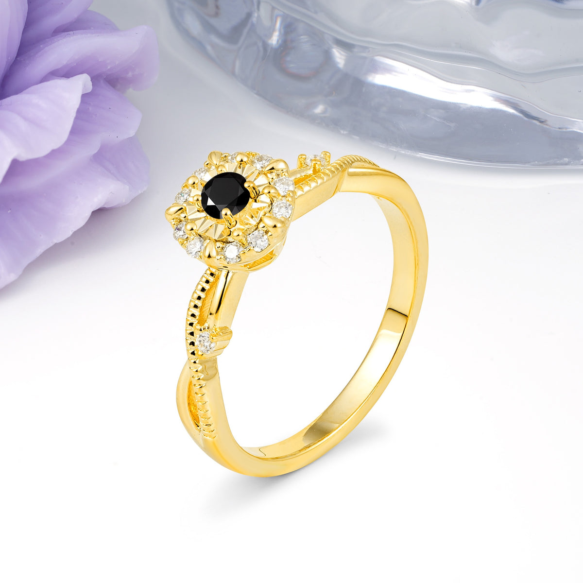 Unique, Luxurious, Twisted 4-Prong Round Cut Black Onyx Engagement Ring - Additional view