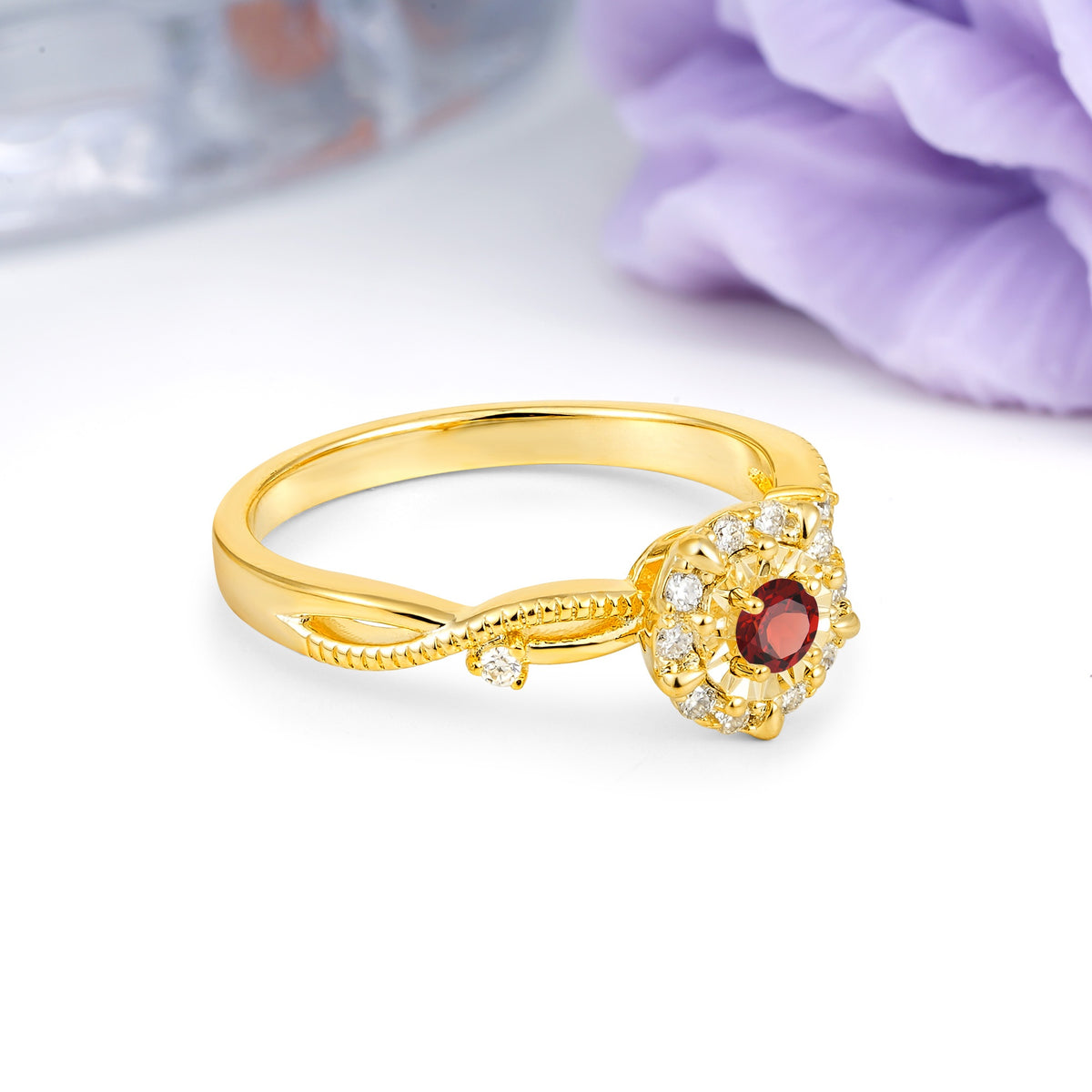 Unique, Luxurious, Twisted 4-Prong Round Cut Garnet Engagement Ring - Additional view