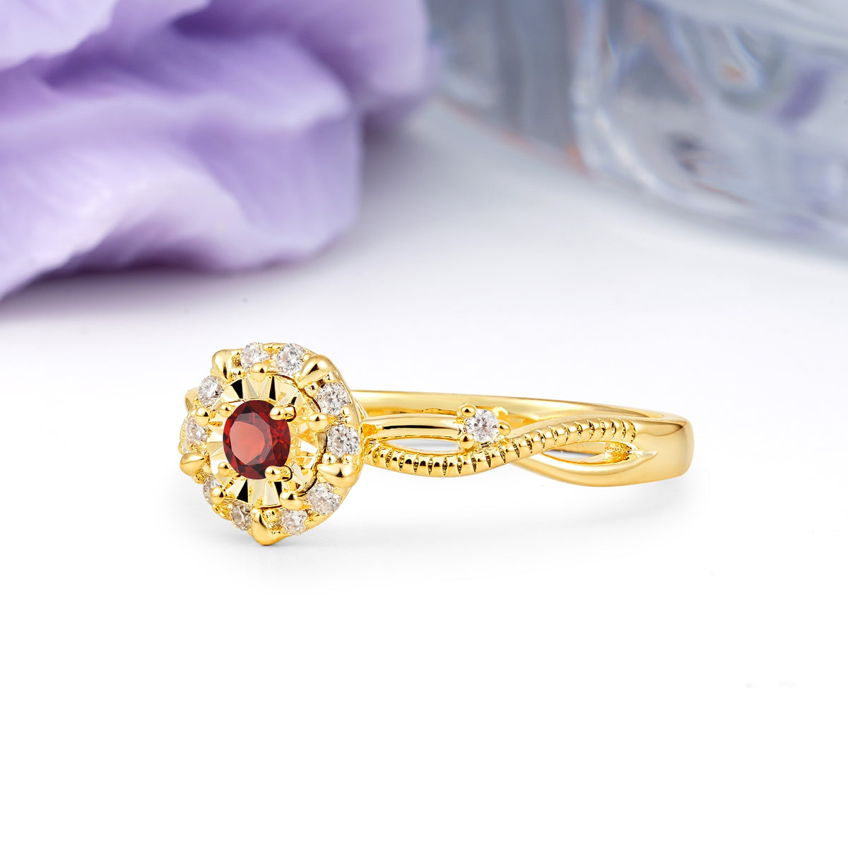 Unique, Luxurious, Twisted 4-Prong Round Cut Garnet Engagement Ring - Additional view