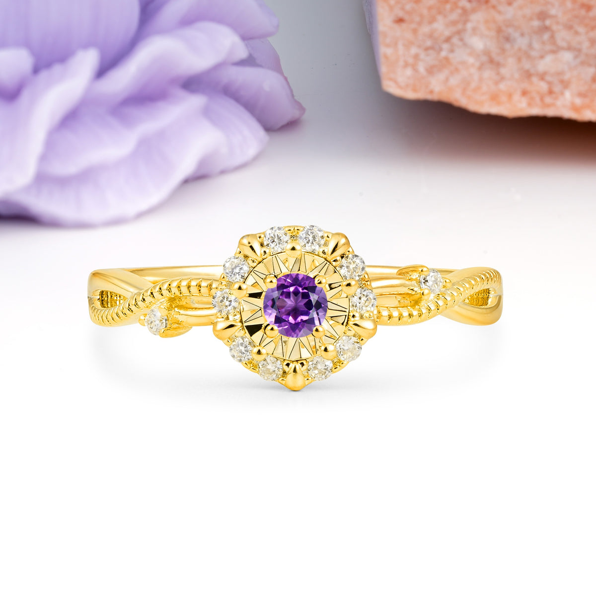 Unique, Luxurious, Twisted 4-Prong Round Cut Amethyst Engagement Ring - Additional view