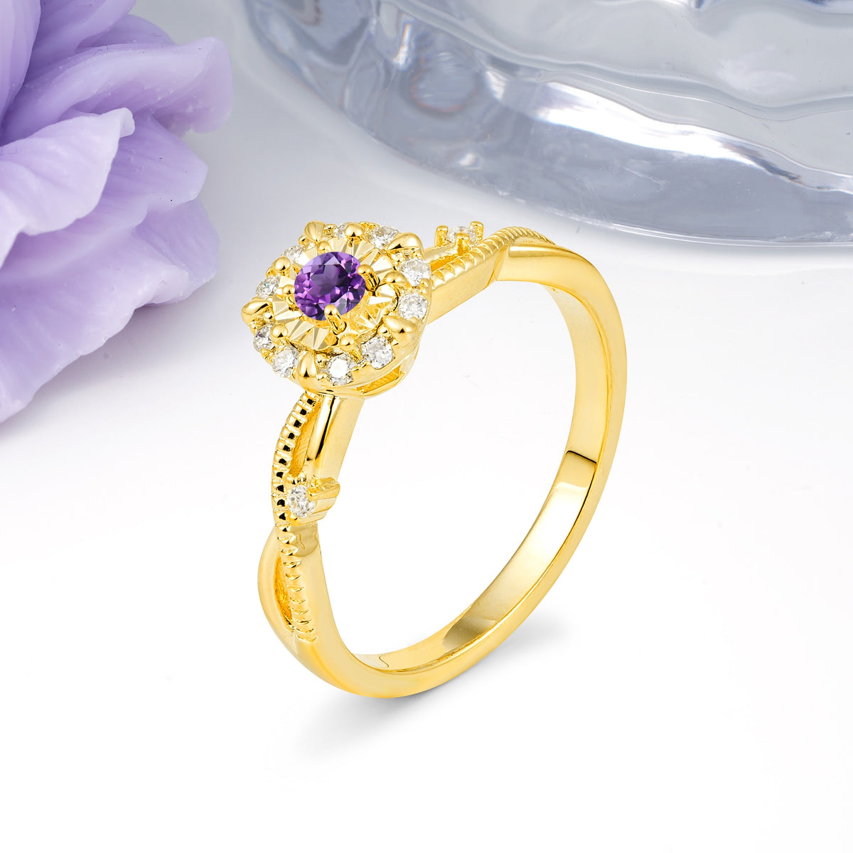 Unique, Luxurious, Twisted 4-Prong Round Cut Amethyst Engagement Ring - Additional view