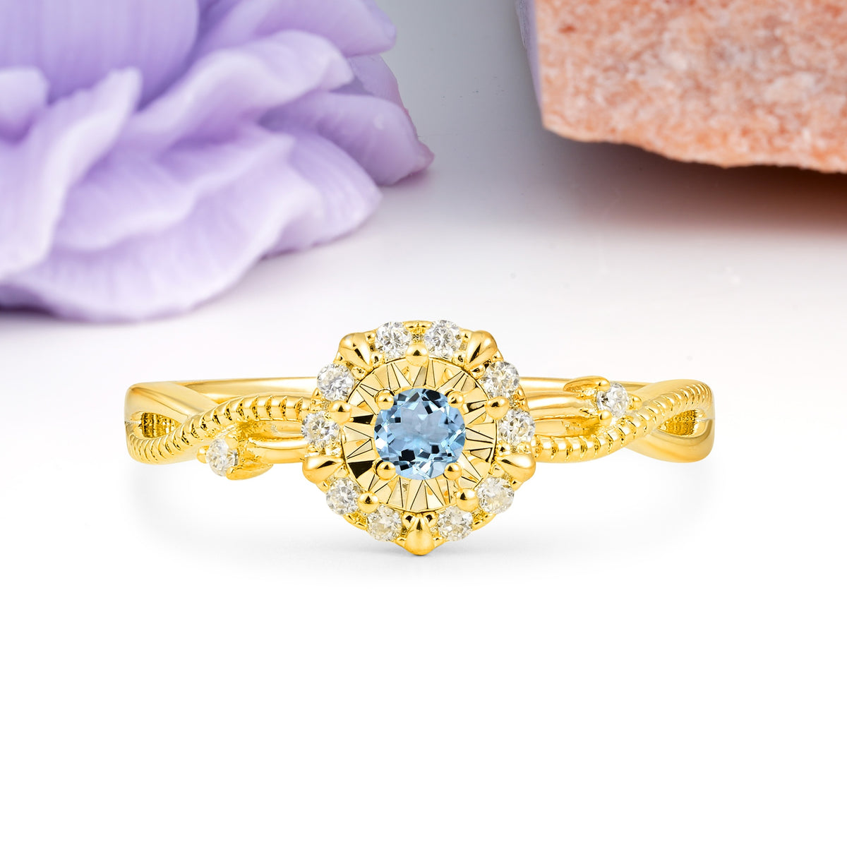 Unique, Luxurious, Twisted 4-Prong Round Cut Aquamarine Engagement Ring - Additional view