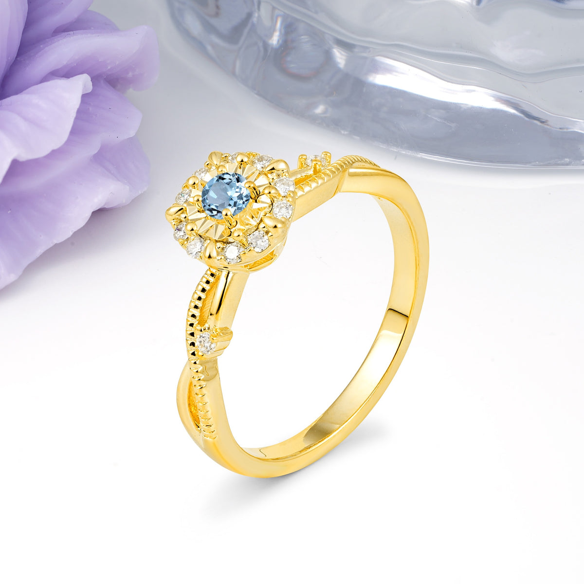 Unique, Luxurious, Twisted 4-Prong Round Cut Aquamarine Engagement Ring - Additional view