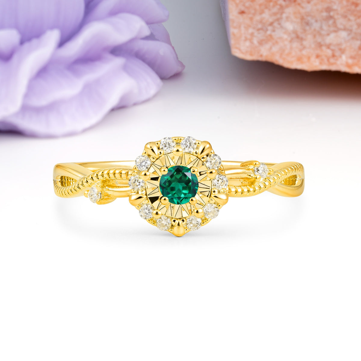 Unique, Luxurious, Twisted 4-Prong Round Cut Emerald Engagement Ring - Additional view