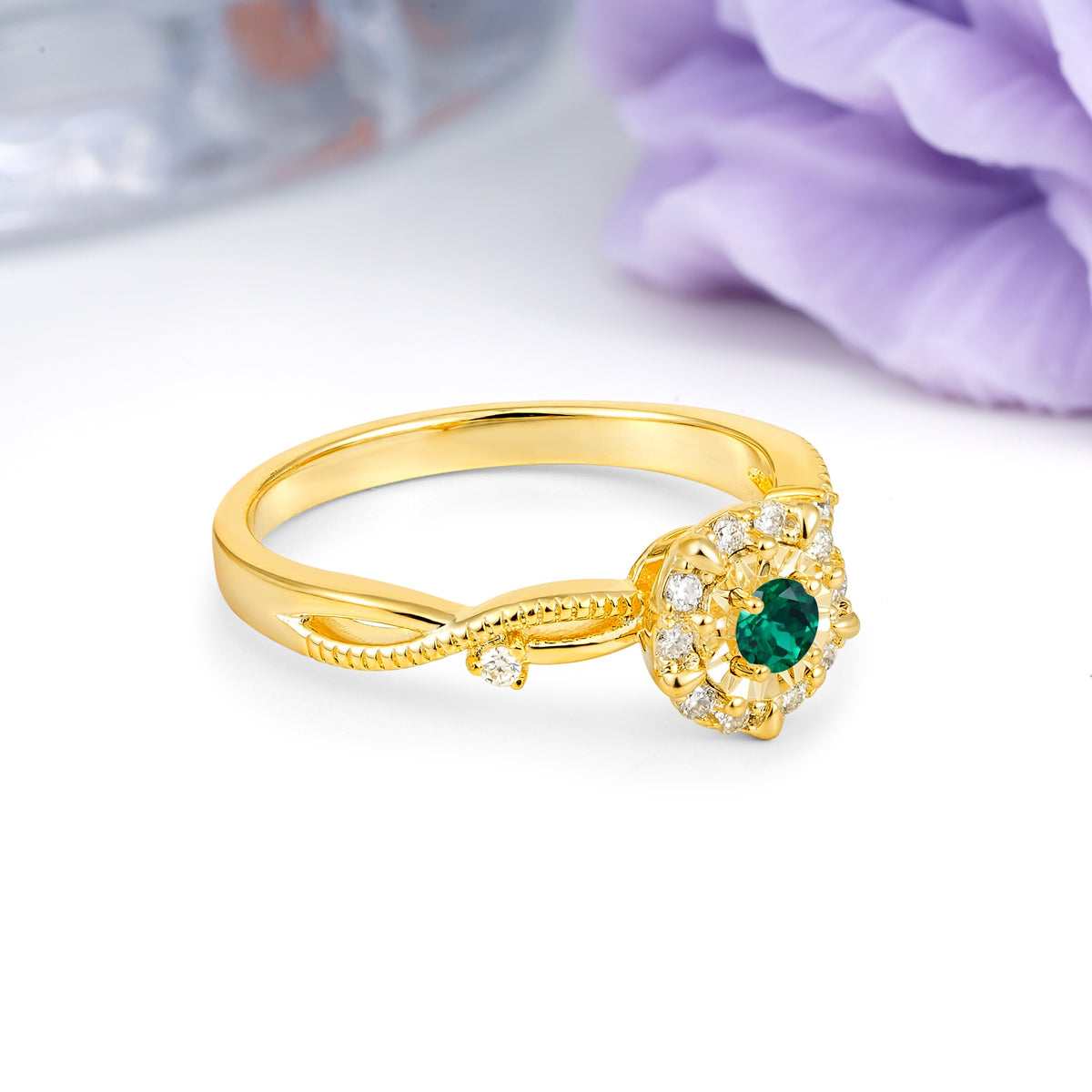 Unique, Luxurious, Twisted 4-Prong Round Cut Emerald Engagement Ring - Additional view