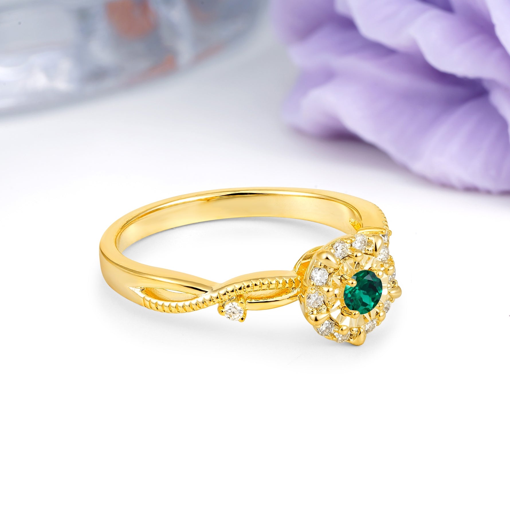 Unique, Luxurious, Twisted 4-Prong Round Cut Emerald Engagement Ring - Additional view