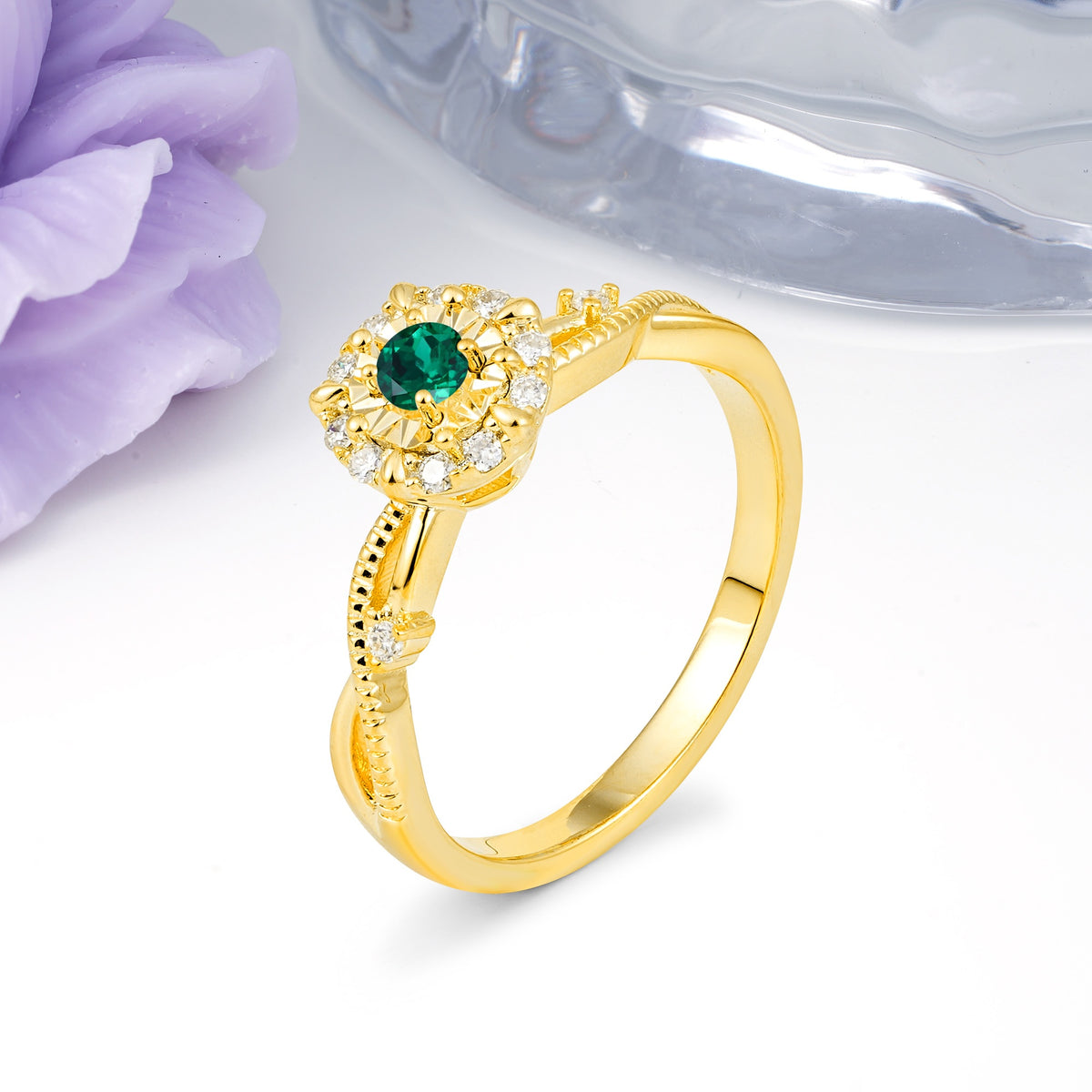 Unique, Luxurious, Twisted 4-Prong Round Cut Emerald Engagement Ring - Additional view