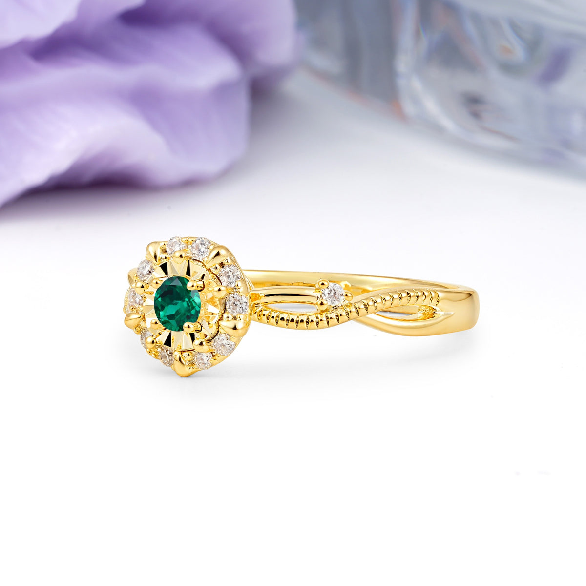 Unique, Luxurious, Twisted 4-Prong Round Cut Emerald Engagement Ring - Additional view