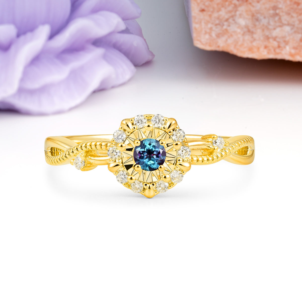 Unique, Luxurious, Twisted 4-Prong Round Cut Alexandrite Engagement Ring - Additional view