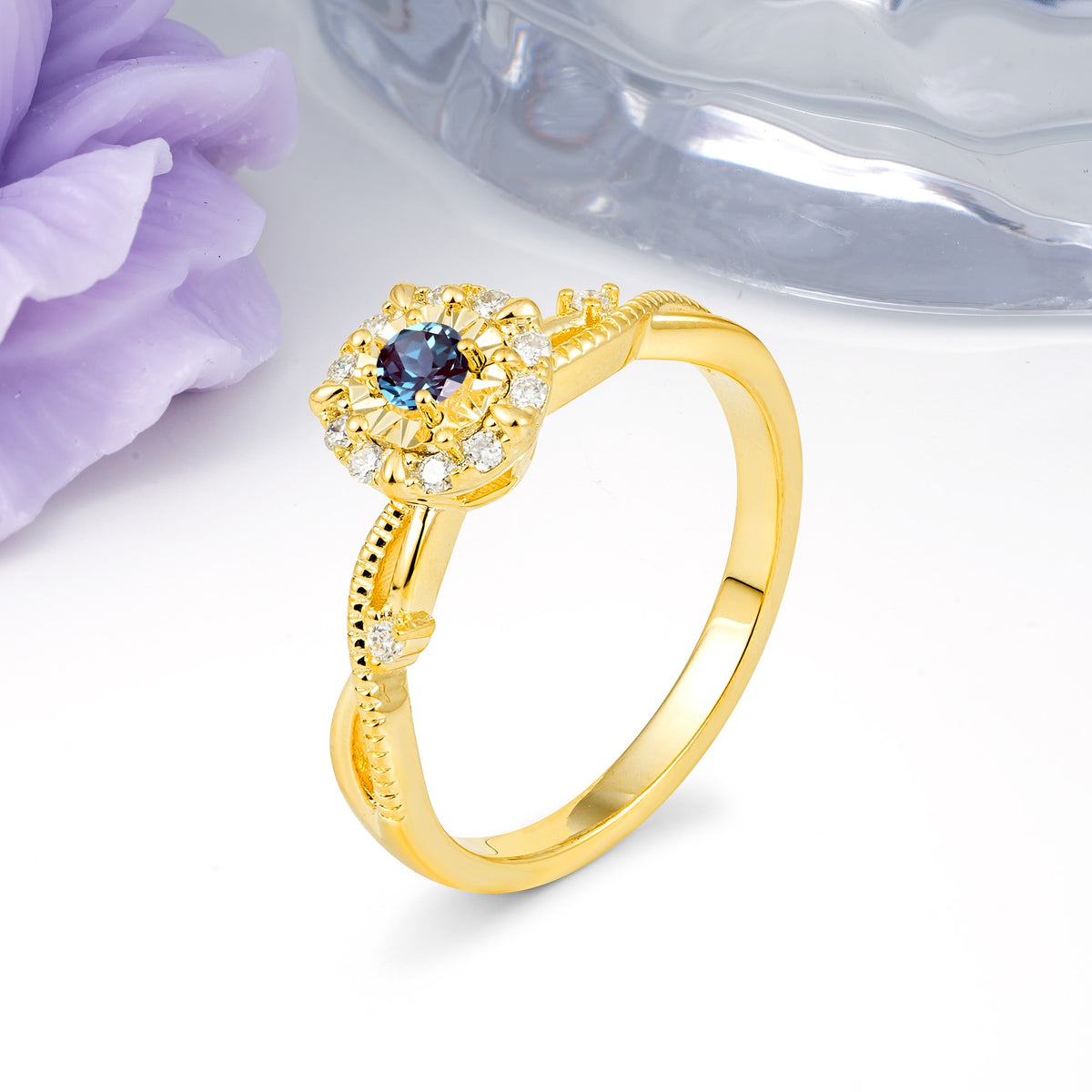 Unique, Luxurious, Twisted 4-Prong Round Cut Alexandrite Engagement Ring - Additional view
