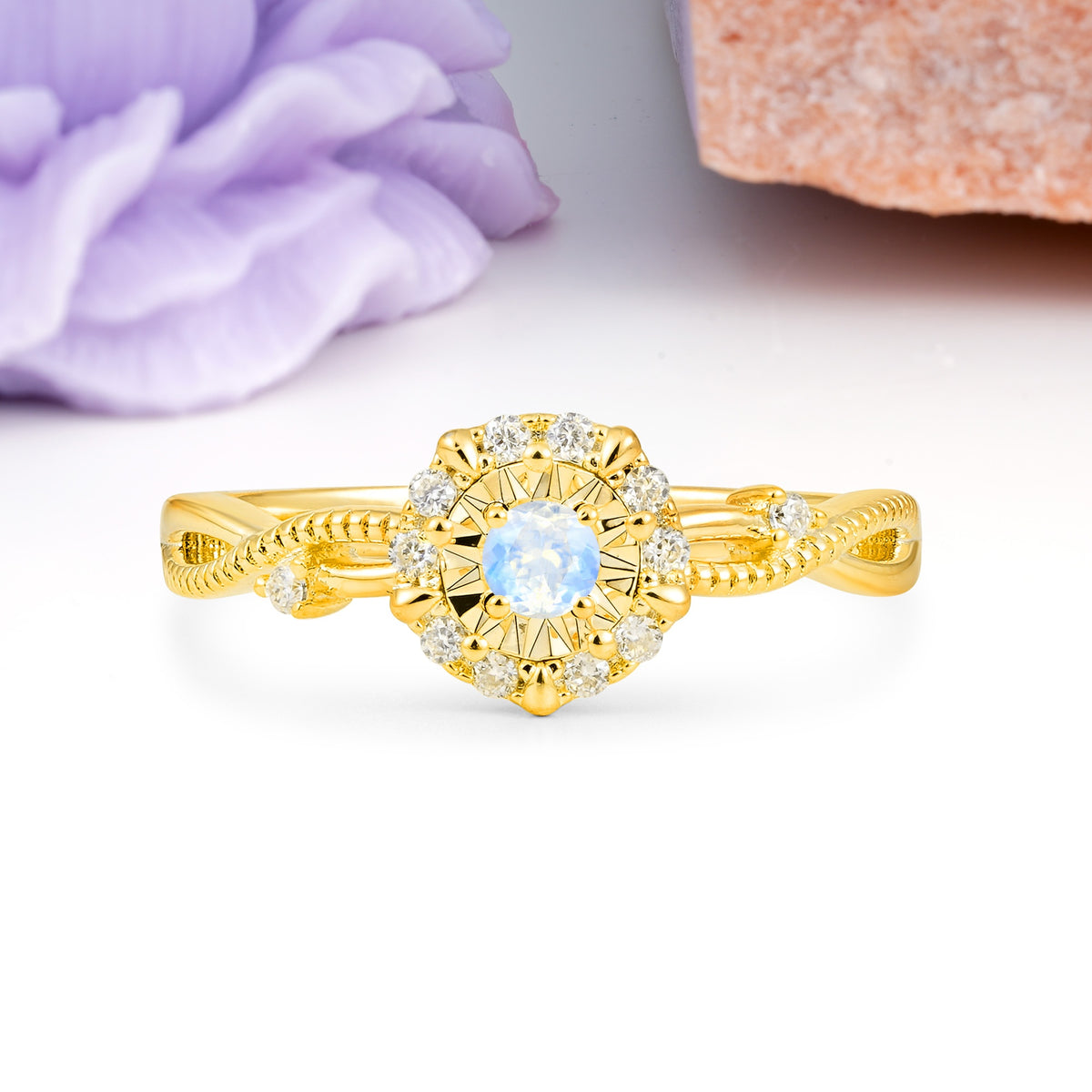 Unique, Luxurious, Twisted 4-Prong Round Cut Moonstone Engagement Ring - Additional view