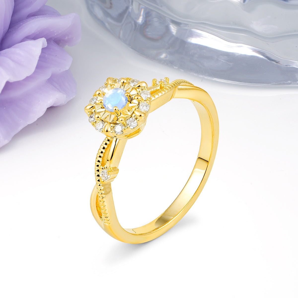 Unique, Luxurious, Twisted 4-Prong Round Cut Moonstone Engagement Ring - Additional view