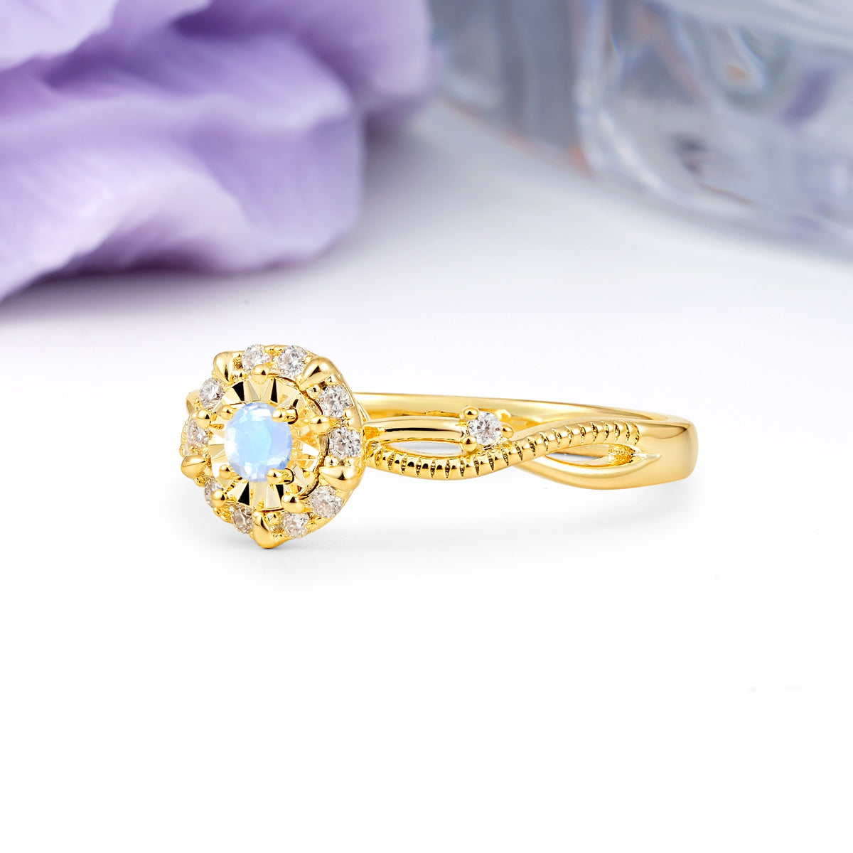 Unique, Luxurious, Twisted 4-Prong Round Cut Moonstone Engagement Ring - Additional view