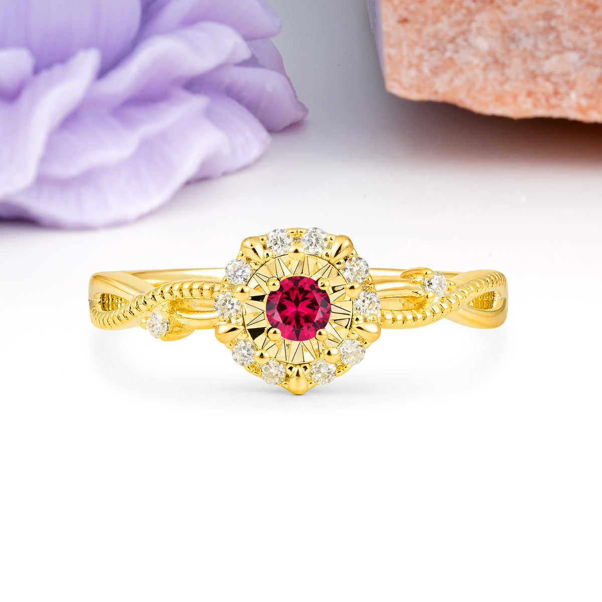 Unique, Luxurious, Twisted 4-Prong Round Cut Ruby Engagement Ring - Additional view