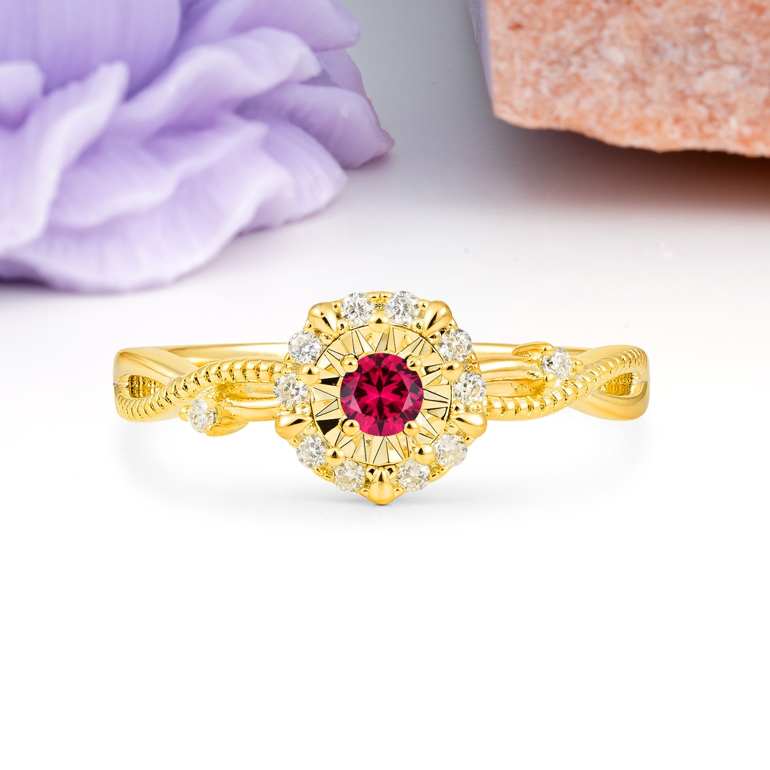 Unique, Luxurious, Twisted 4-Prong Round Cut Ruby Engagement Ring - Additional view