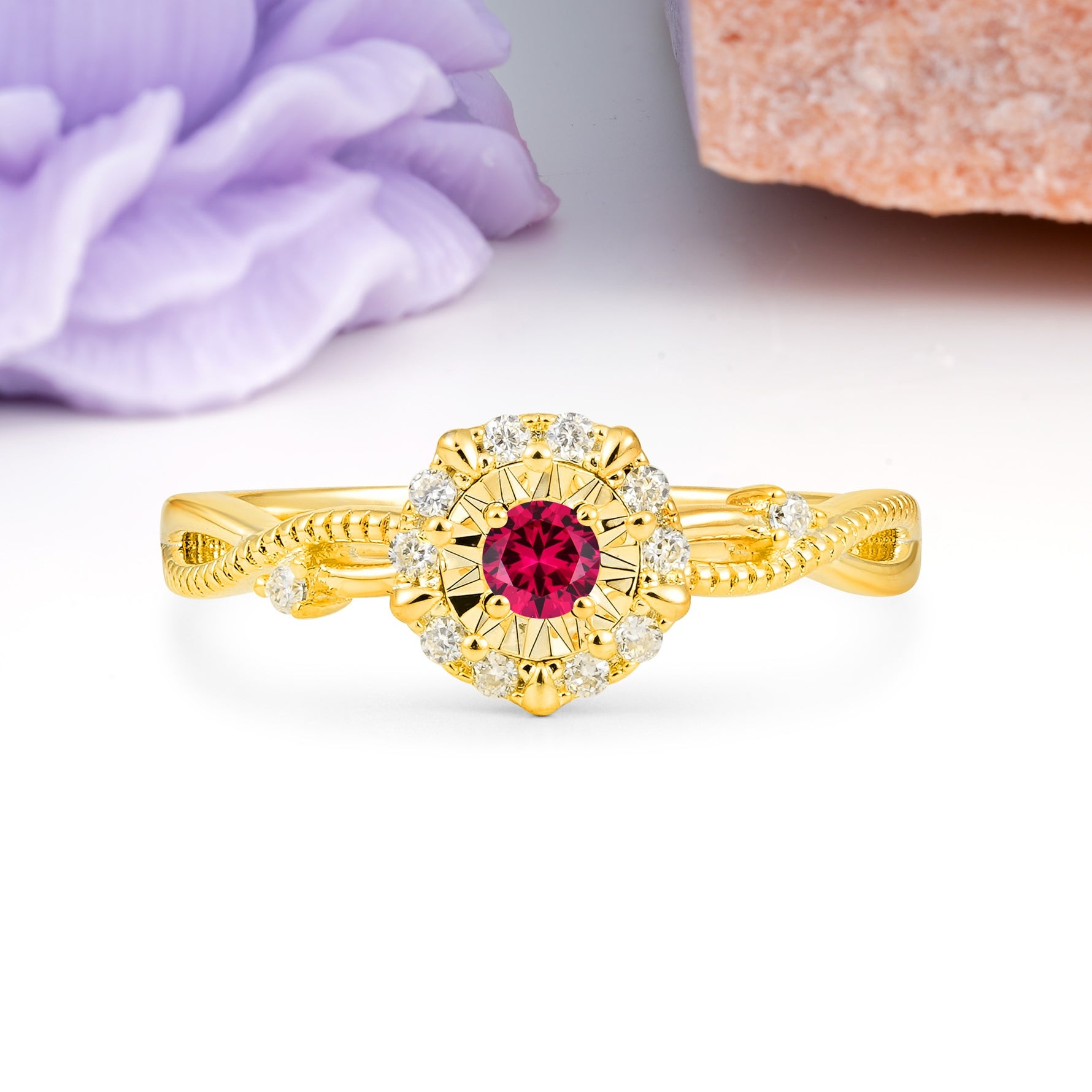 Unique, Luxurious, Twisted 4-Prong Round Cut Ruby Engagement Ring - Additional view
