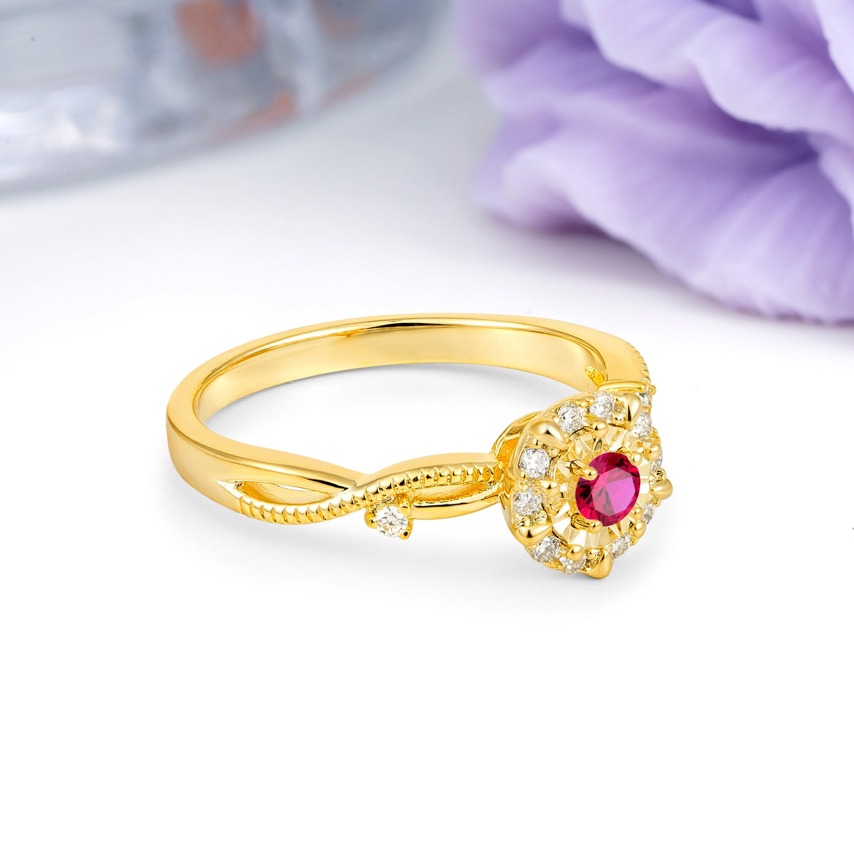 Unique, Luxurious, Twisted 4-Prong Round Cut Ruby Engagement Ring - Additional view