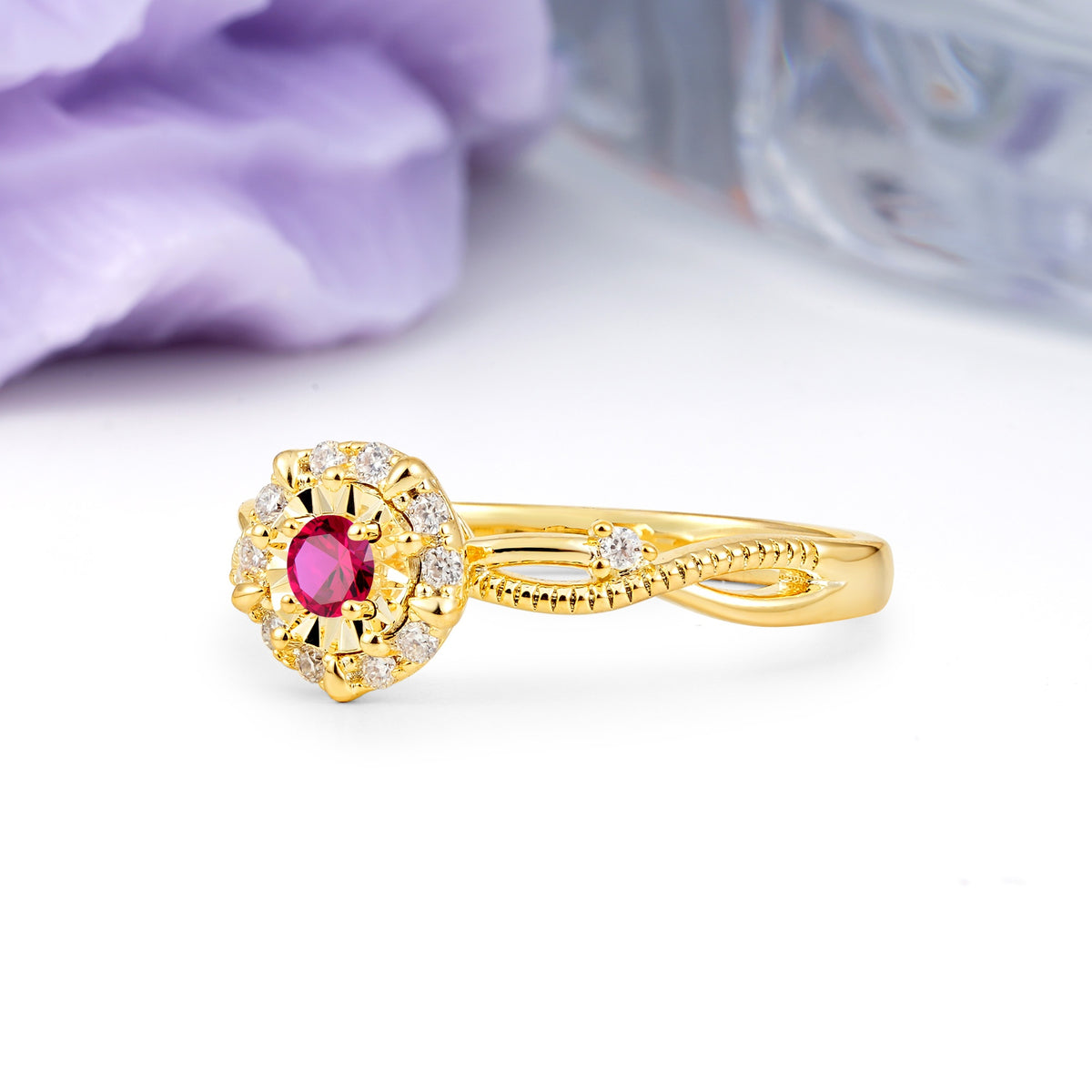 Unique, Luxurious, Twisted 4-Prong Round Cut Ruby Engagement Ring - Additional view