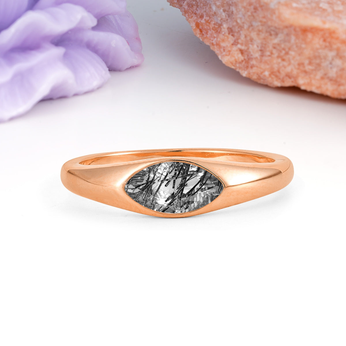Unique Inset Marquise Cut Black Rutilated Quartz Engagement Ring - Additional view