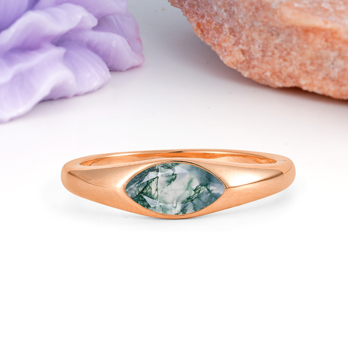 Unique Inset Marquise Cut Moss Agate Engagement Ring - Additional view