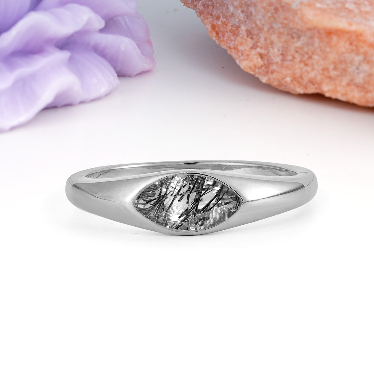 Unique Inset Marquise Cut Black Rutilated Quartz Engagement Ring - Additional view
