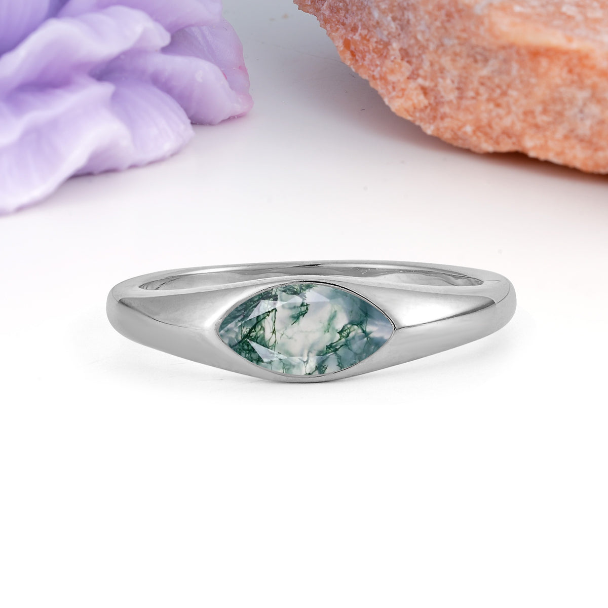 Unique Inset Marquise Cut Moss Agate Engagement Ring - Additional view