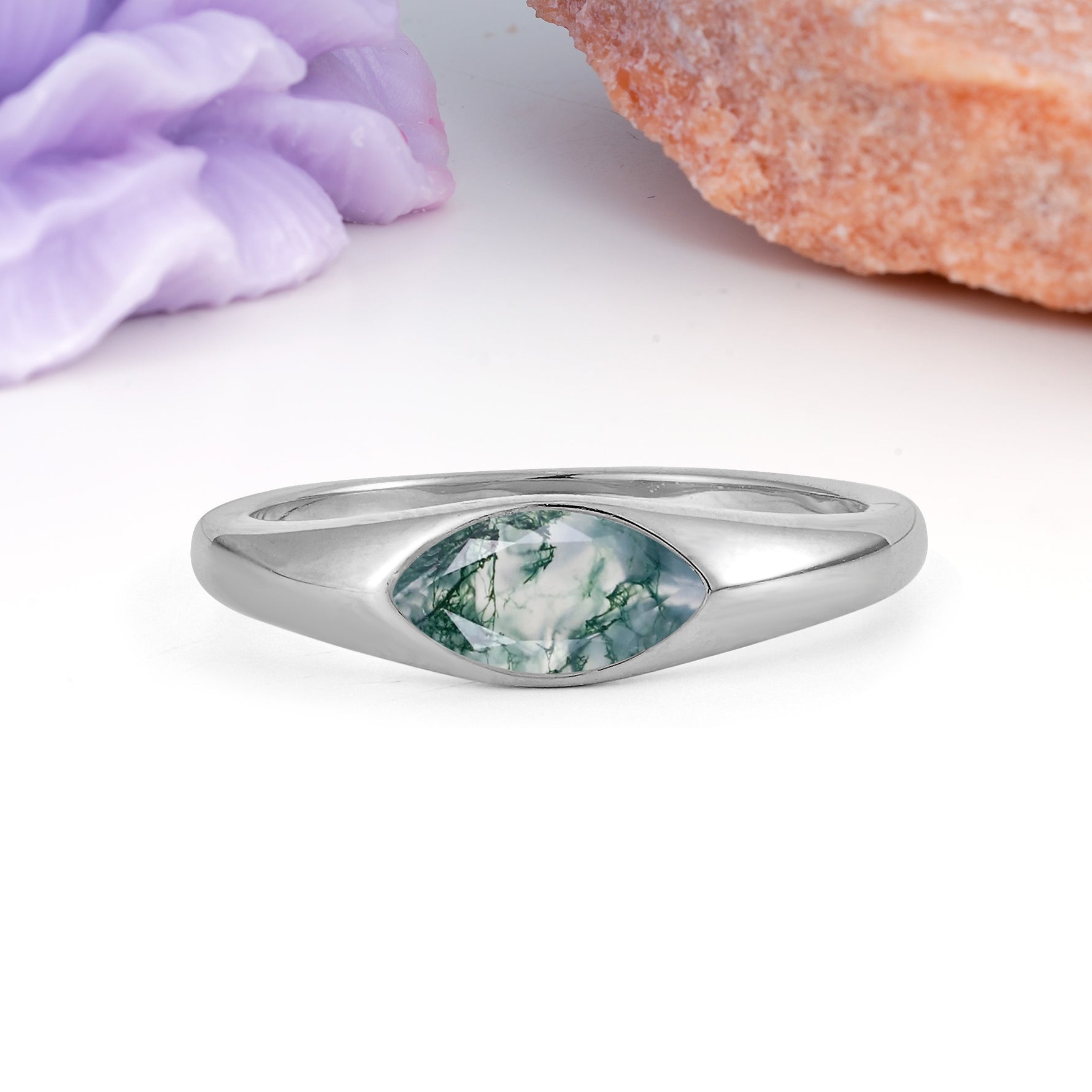 Unique Inset Marquise Cut Moss Agate Engagement Ring - Additional view