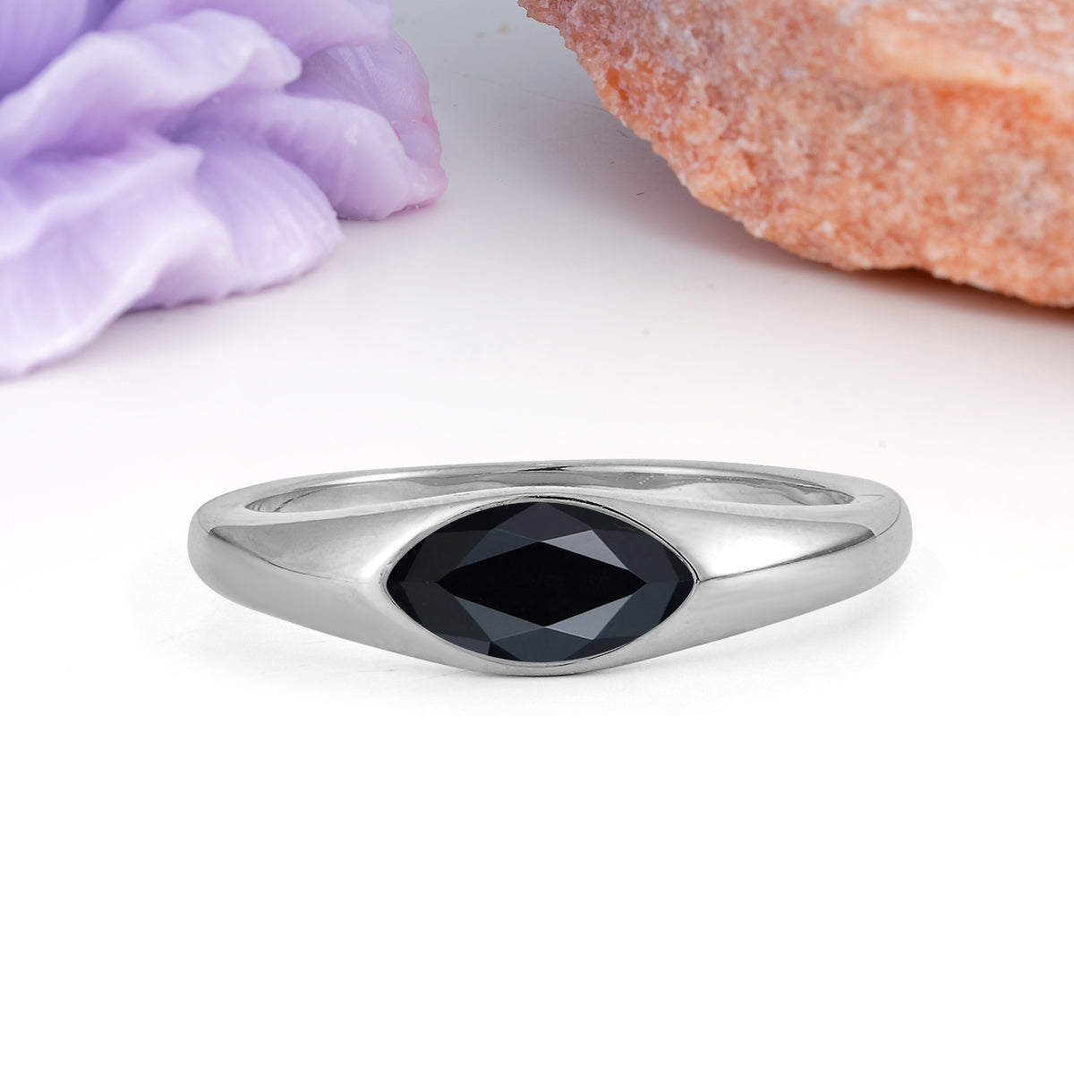 Unique Inset Marquise Cut Black Onyx Engagement Ring - Additional view