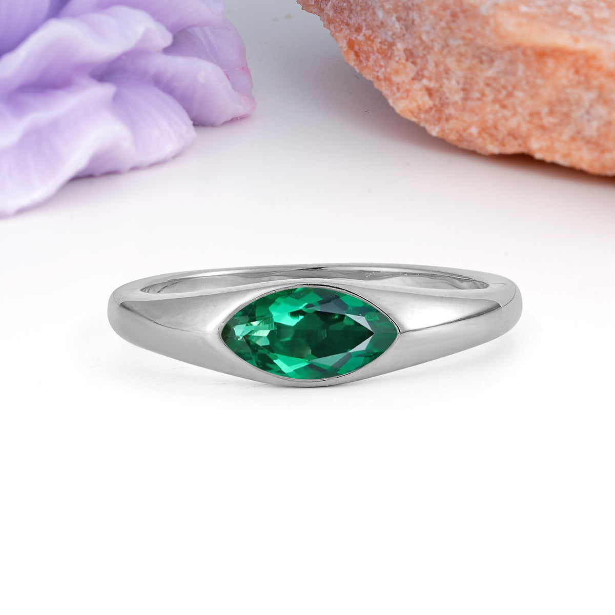 Unique Inset Marquise Cut Emerald Engagement Ring - Additional view