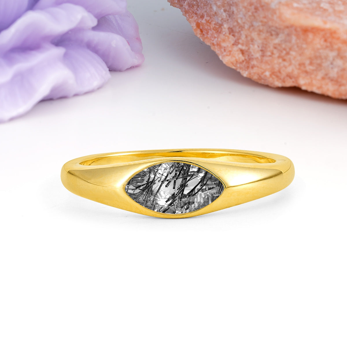 Unique Inset Marquise Cut Black Rutilated Quartz Engagement Ring - Additional view
