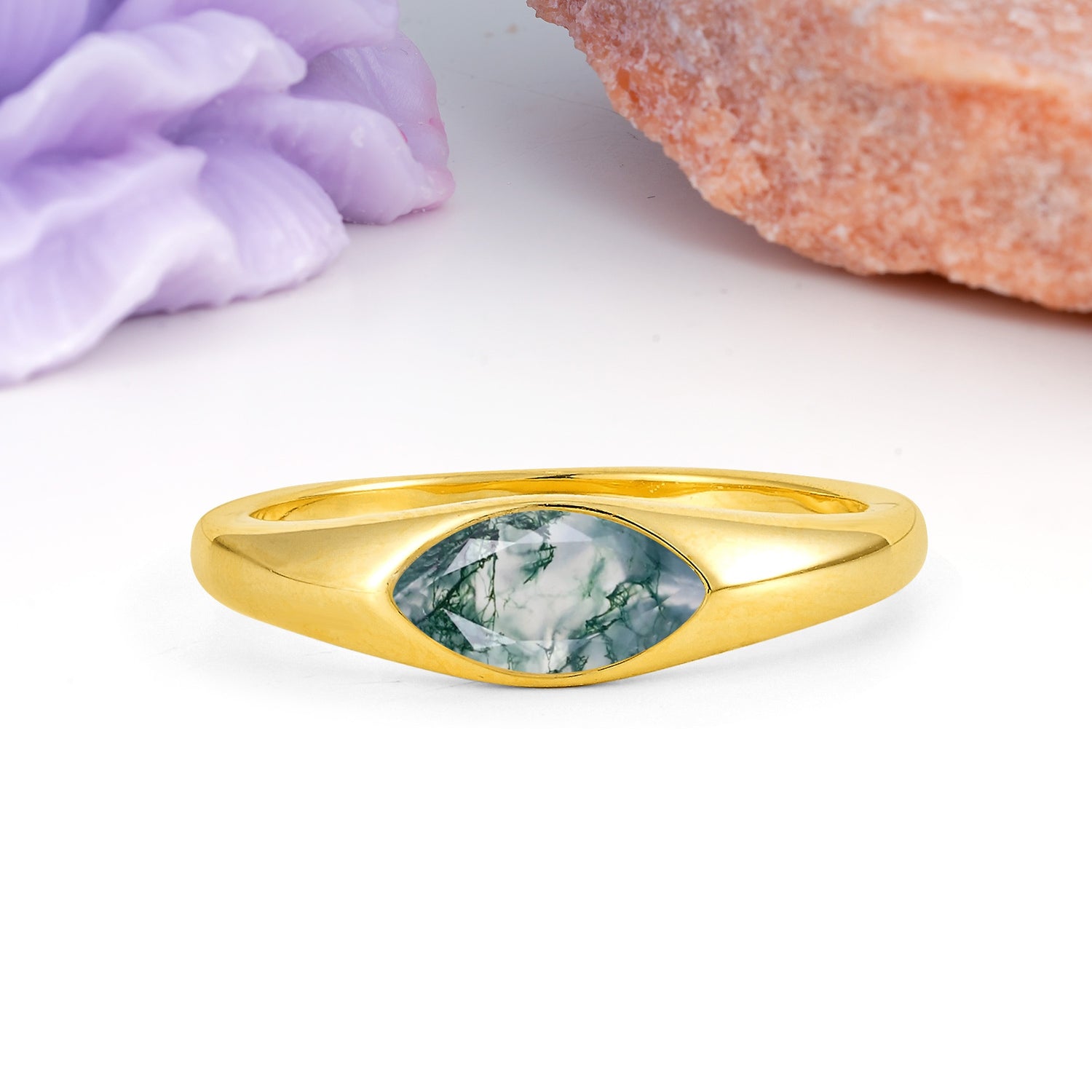 Unique Inset Marquise Cut Moss Agate Engagement Ring - Additional view