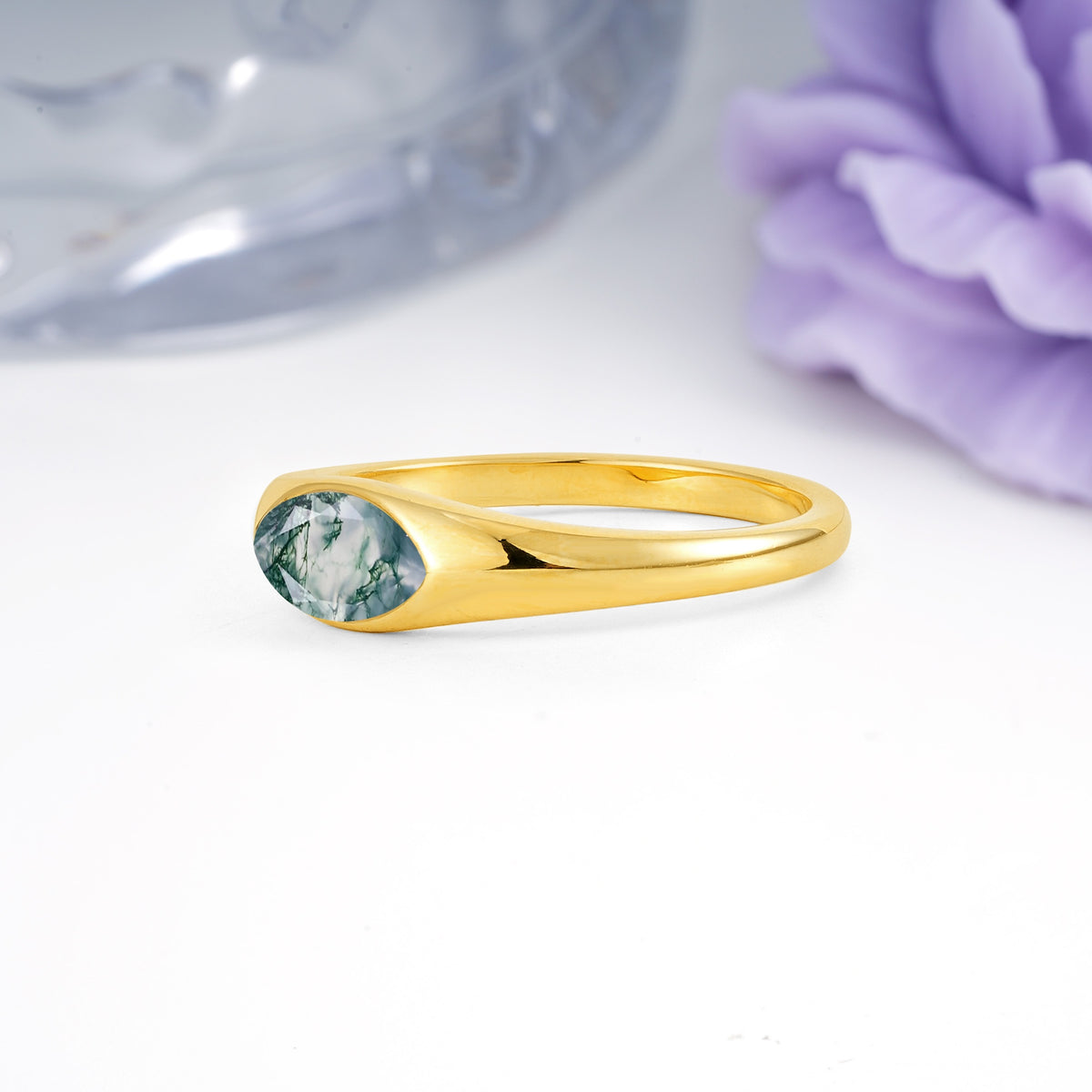 Unique Inset Marquise Cut Moss Agate Engagement Ring - Additional view