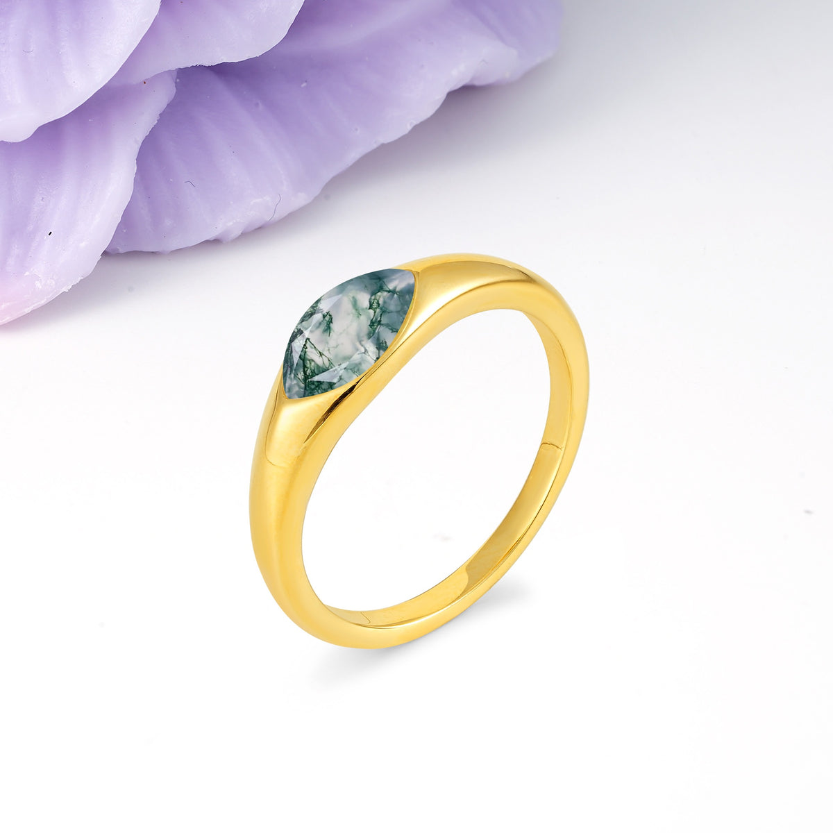 Unique Inset Marquise Cut Moss Agate Engagement Ring - Additional view