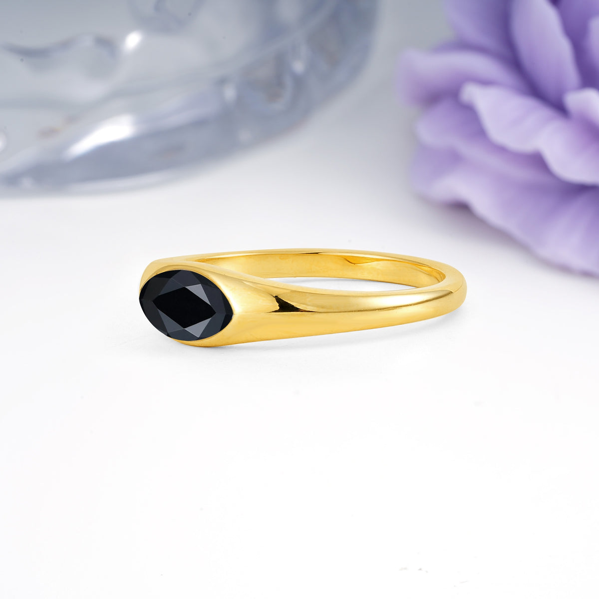 Unique Inset Marquise Cut Black Onyx Engagement Ring - Additional view