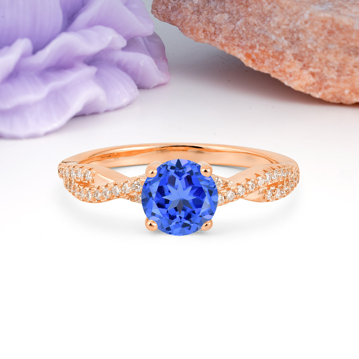 Luxurious Twisted Pavé Setting, 4-Prong Round Cut Sapphire Engagement Ring - Additional view