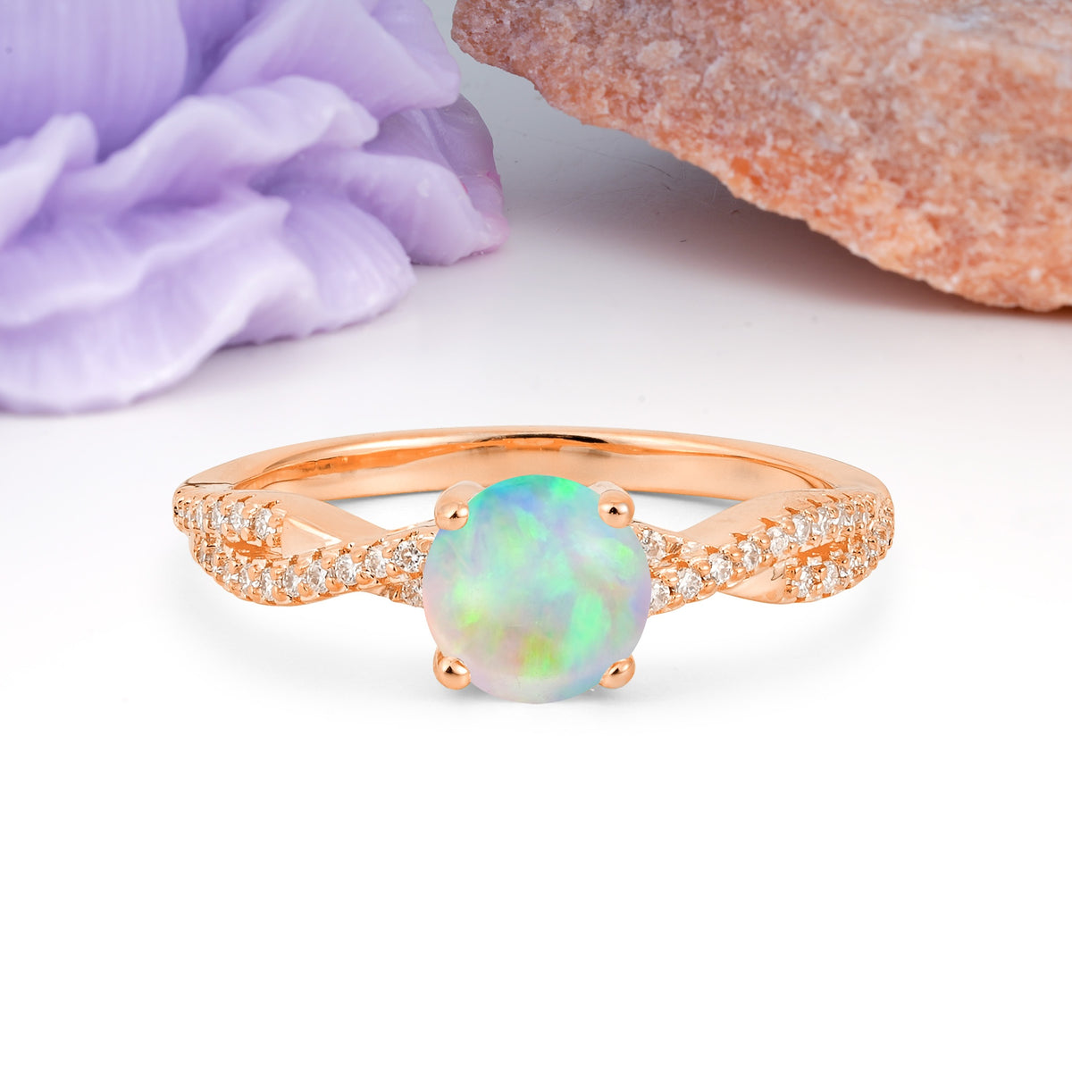 Luxurious Twisted Pavé Setting, 4-Prong Round Cut Fire Opal Engagement Ring - Additional view