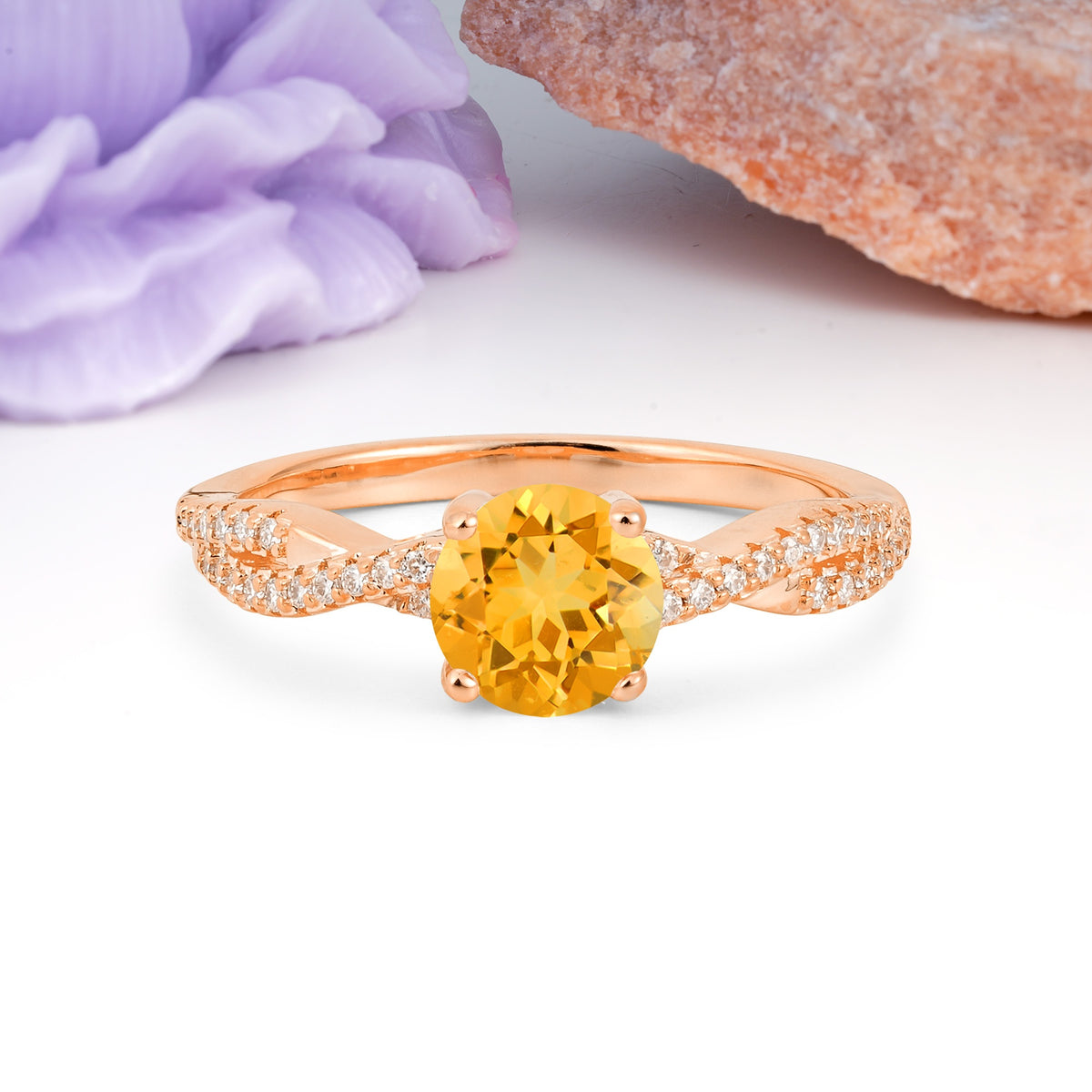 Luxurious Twisted Pavé Setting, 4-Prong Round Cut Citrine Engagement Ring - Additional view