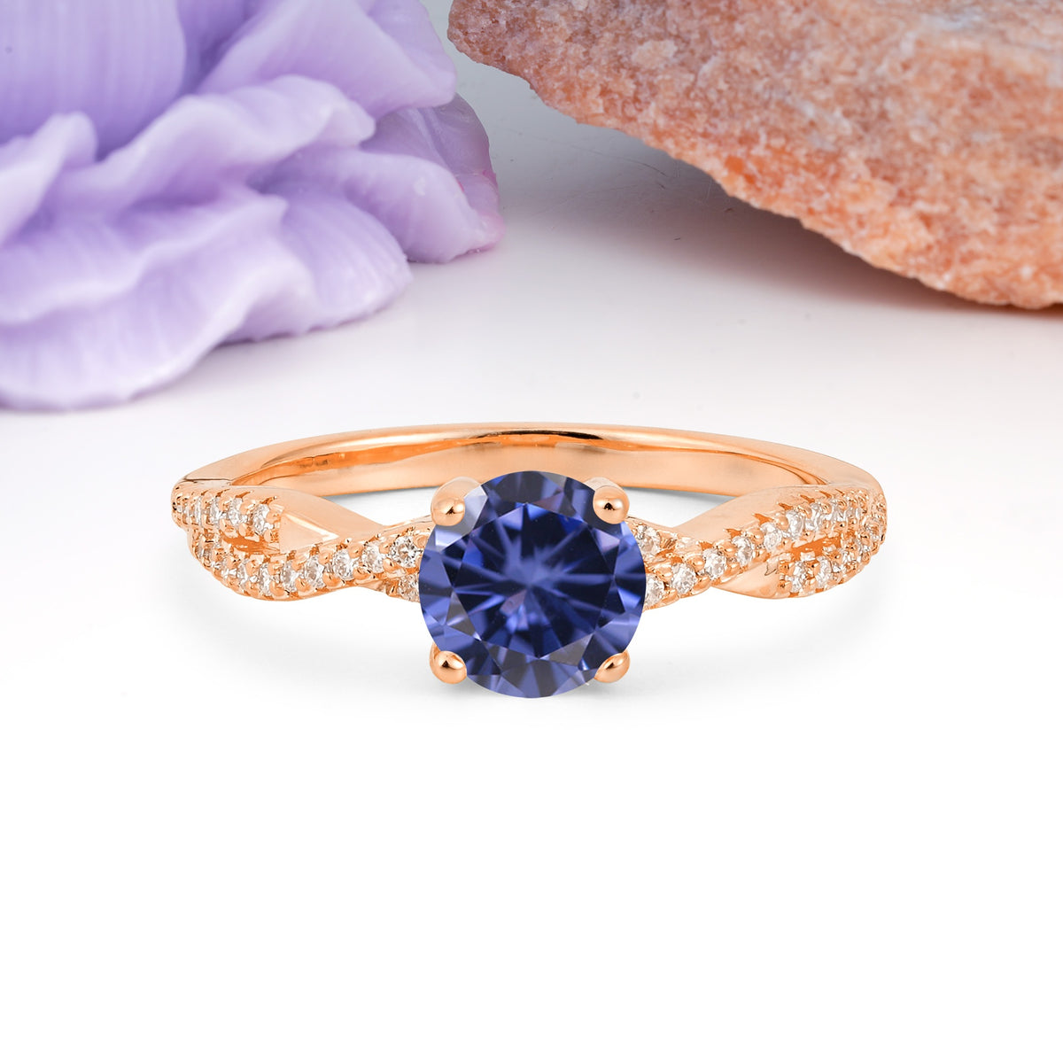 Luxurious Twisted Pavé Setting, 4-Prong Round Cut Tanzanite Engagement Ring - Additional view