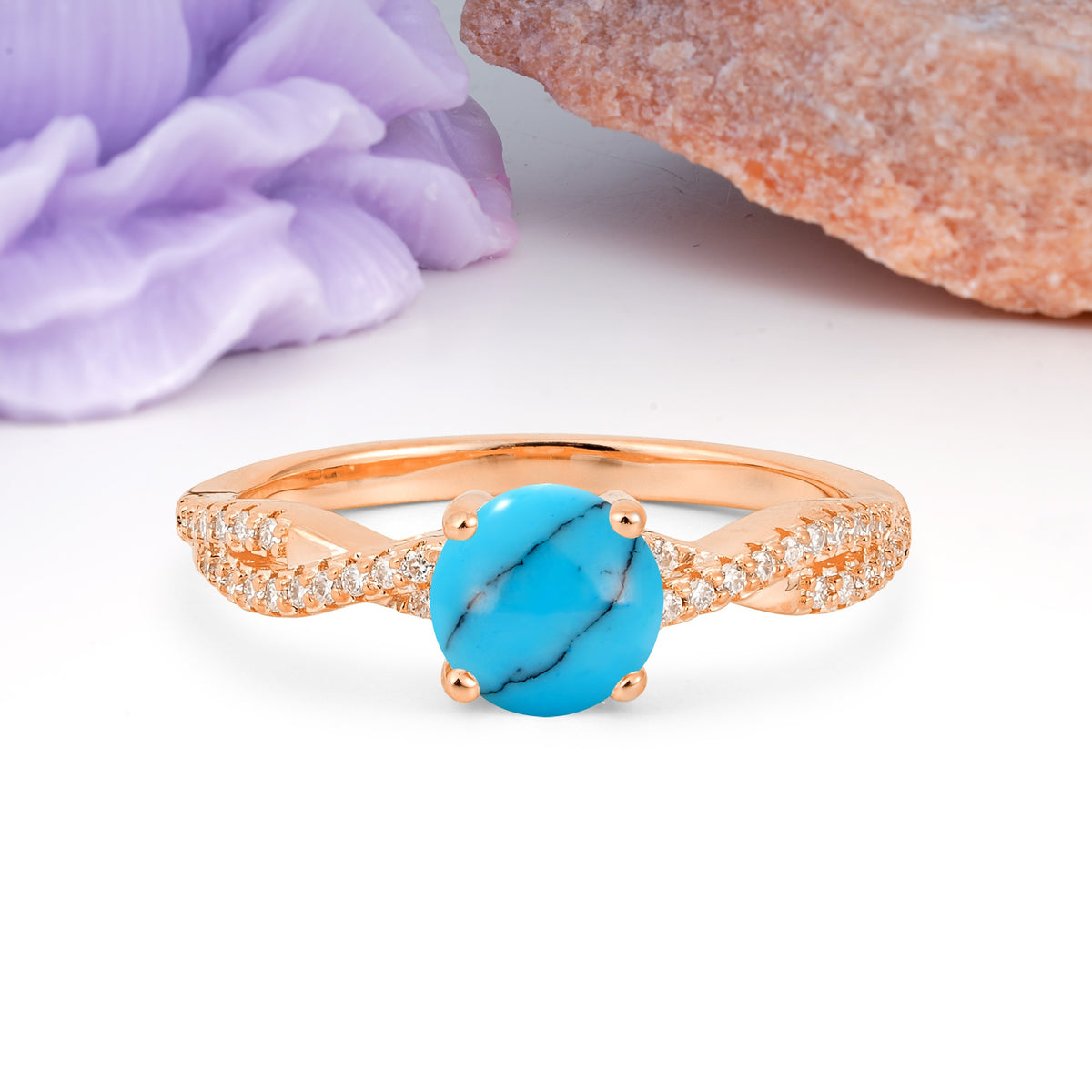 Luxurious Twisted Pavé Setting, 4-Prong Round Cut Turquoise Engagement Ring - Additional view