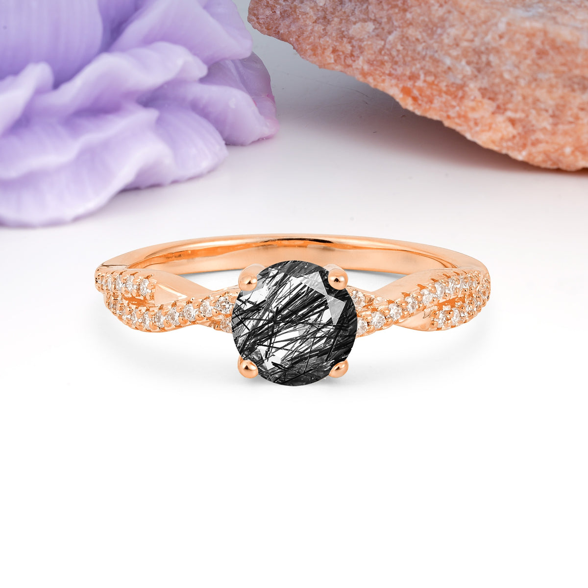 Luxurious Twisted Pavé Setting, 4-Prong Round Cut Black Rutilated Quartz Engagement Ring - Additional view